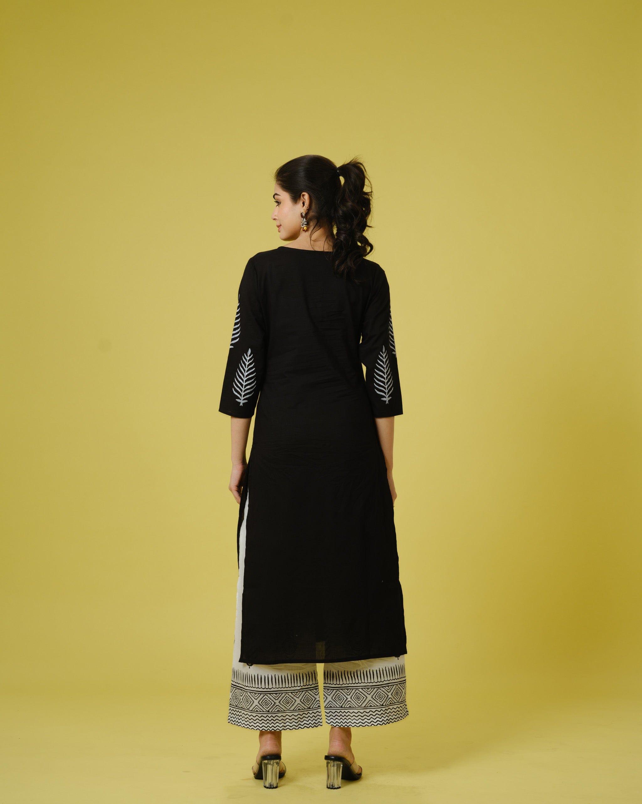 Black 3/4th Sleeves Cotton Machine Embroidery, Block Print Calf Length Kurta Set - With Dupatta