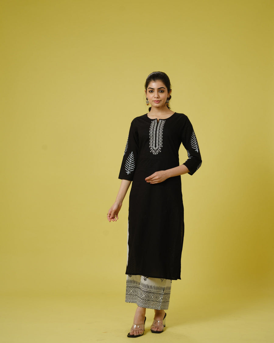 Black 3/4th Sleeves Cotton Machine Embroidery, Block Print Calf Length Kurta Set - With Dupatta