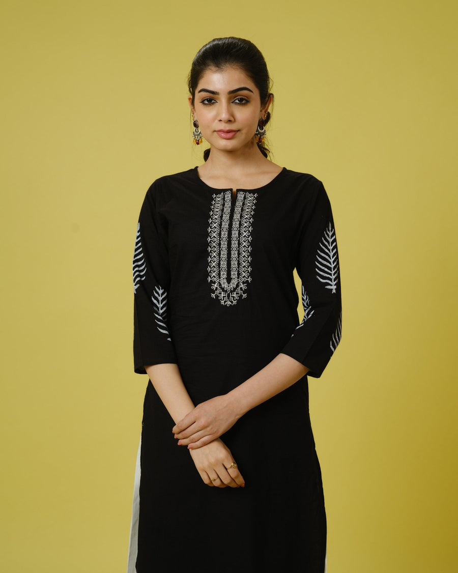 Black 3/4th Sleeves Cotton Machine Embroidery, Block Print Calf Length Kurta Set - With Dupatta