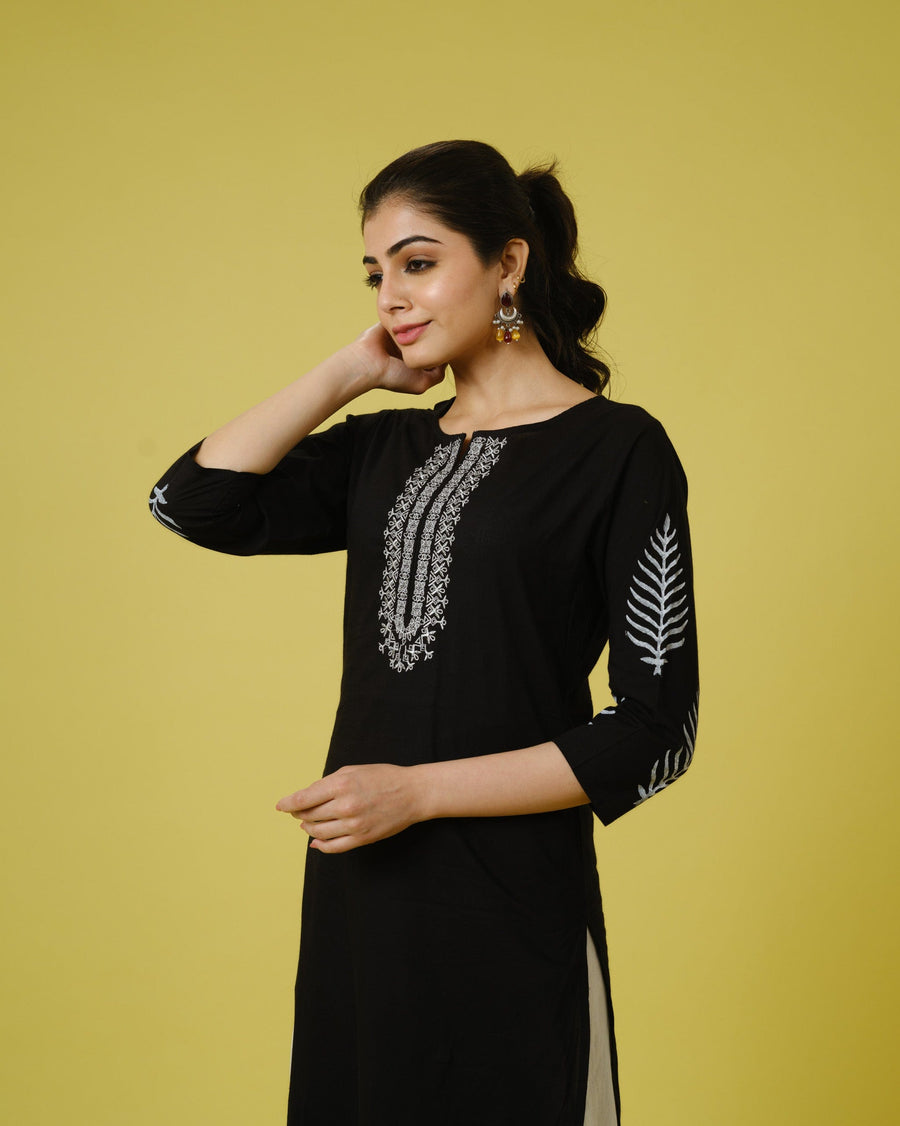 Black 3/4th Sleeves Cotton Machine Embroidery, Block Print Calf Length Kurta Set - With Dupatta