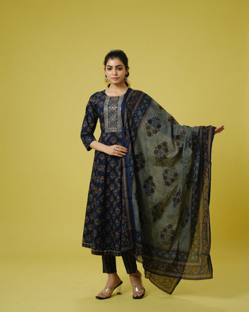 Navy Blue 3/4th Sleeves Cotton Traditional Motifs Calf Length Kurta Set - With Dupatta