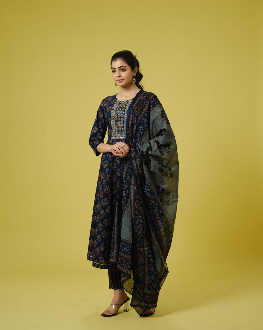 Navy Blue 3/4th Sleeves Cotton Traditional Motifs Calf Length Kurta Set - With Dupatta