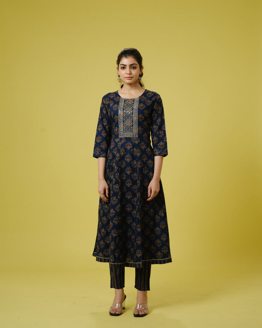 Navy Blue 3/4th Sleeves Cotton Traditional Motifs Calf Length Kurta Set - With Dupatta