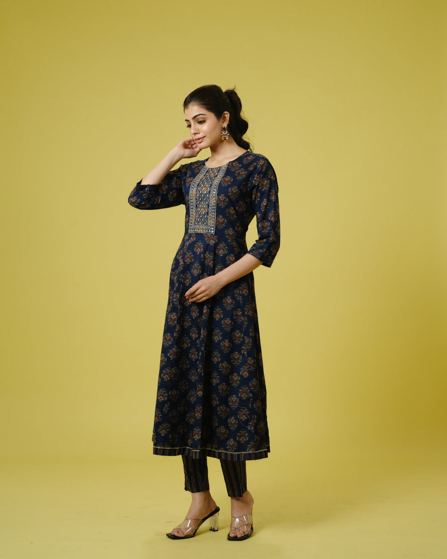 Navy Blue 3/4th Sleeves Cotton Traditional Motifs Calf Length Kurta Set - With Dupatta