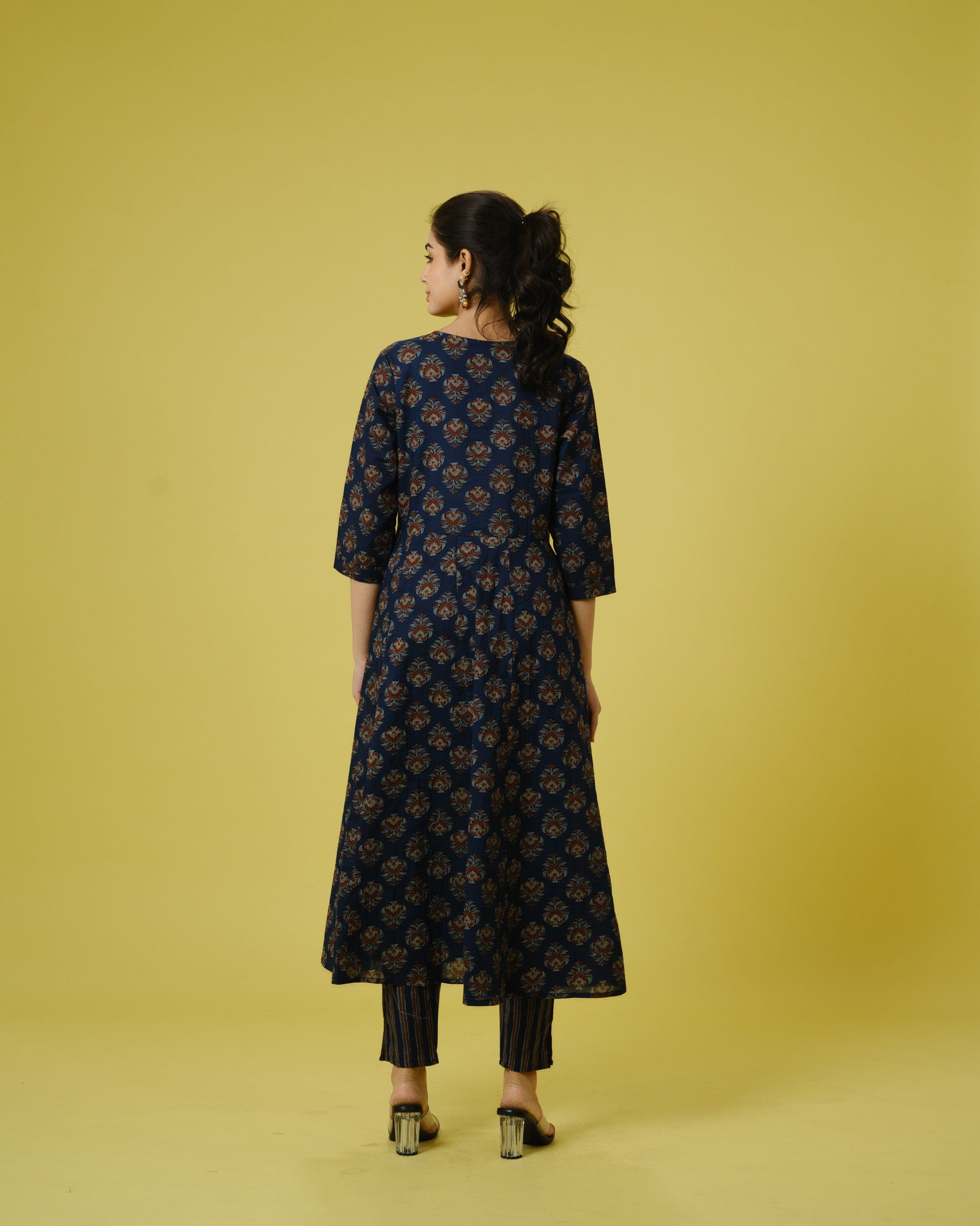 Navy Blue 3/4th Sleeves Cotton Traditional Motifs Calf Length Kurta Set - With Dupatta