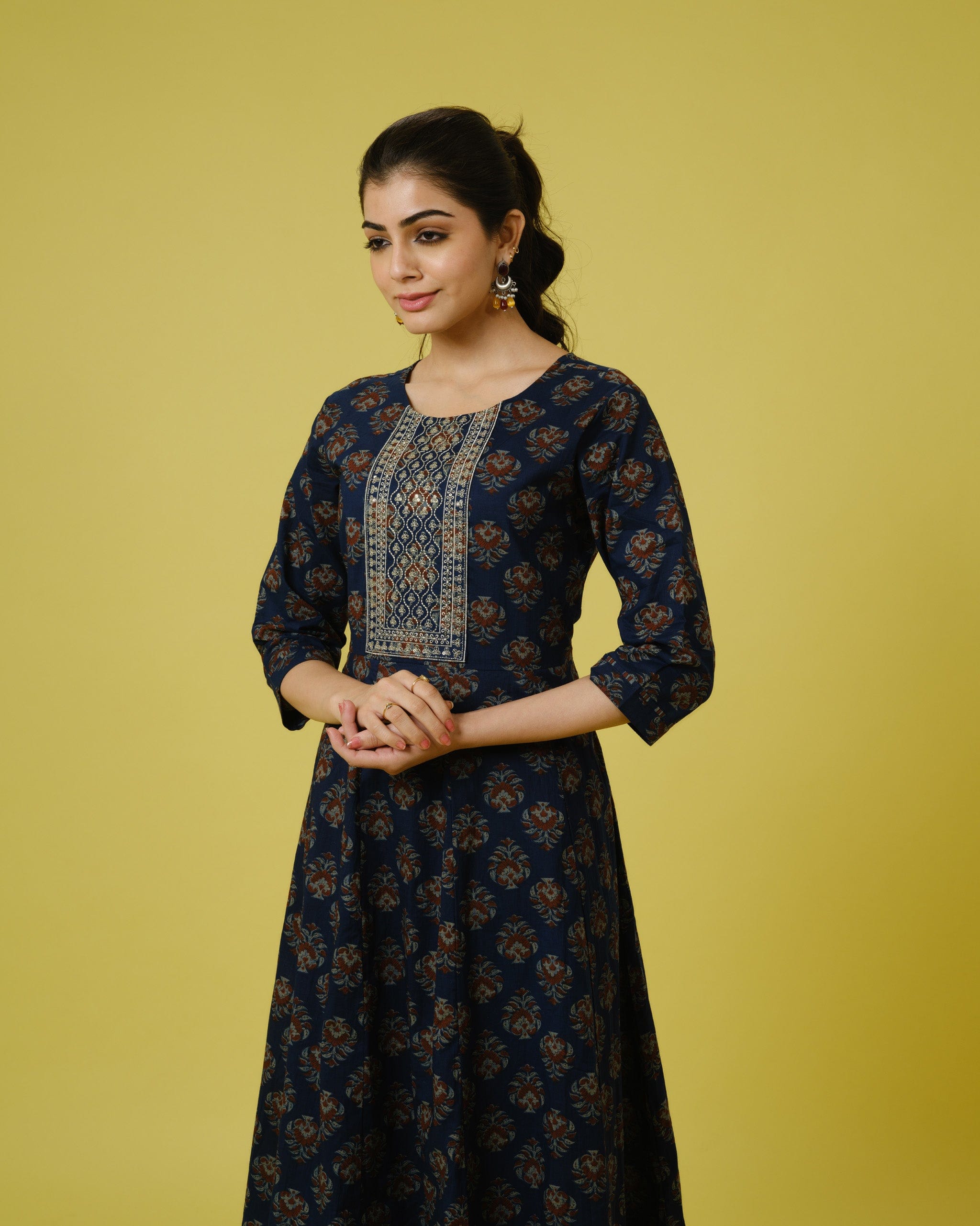 Navy Blue 3/4th Sleeves Cotton Traditional Motifs Calf Length Kurta Set - With Dupatta