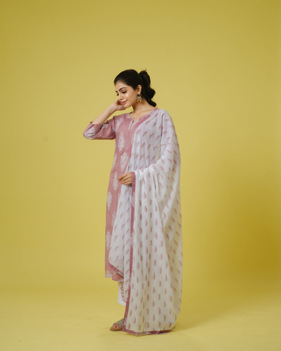 Lavender 3/4th Sleeves Cotton Cambric Traditional Motifs Calf Length Kurta Set - With Dupatta