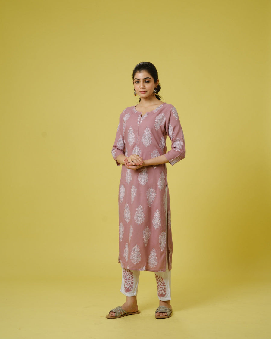 Lavender 3/4th Sleeves Cotton Cambric Traditional Motifs Calf Length Kurta Set - With Dupatta