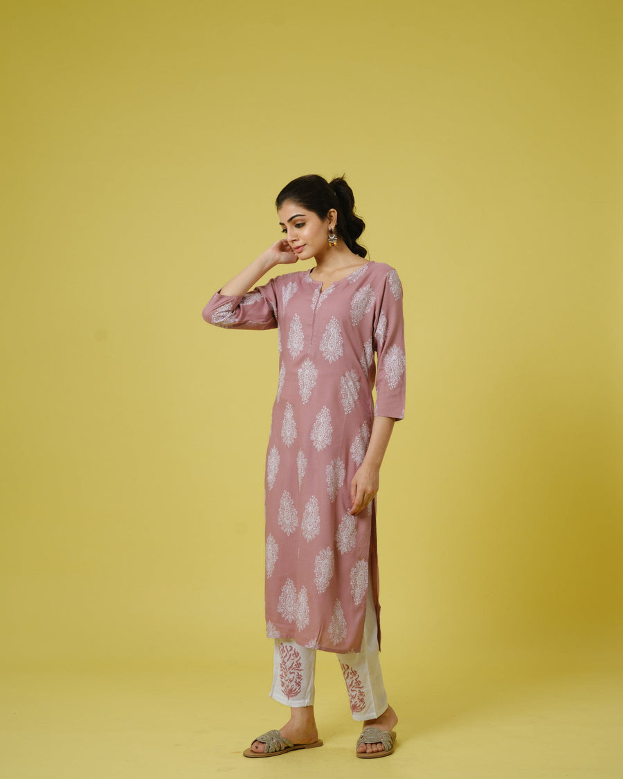 Lavender 3/4th Sleeves Cotton Cambric Traditional Motifs Calf Length Kurta Set - With Dupatta