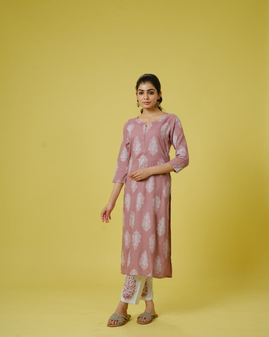 Lavender 3/4th Sleeves Cotton Cambric Traditional Motifs Calf Length Kurta Set - With Dupatta