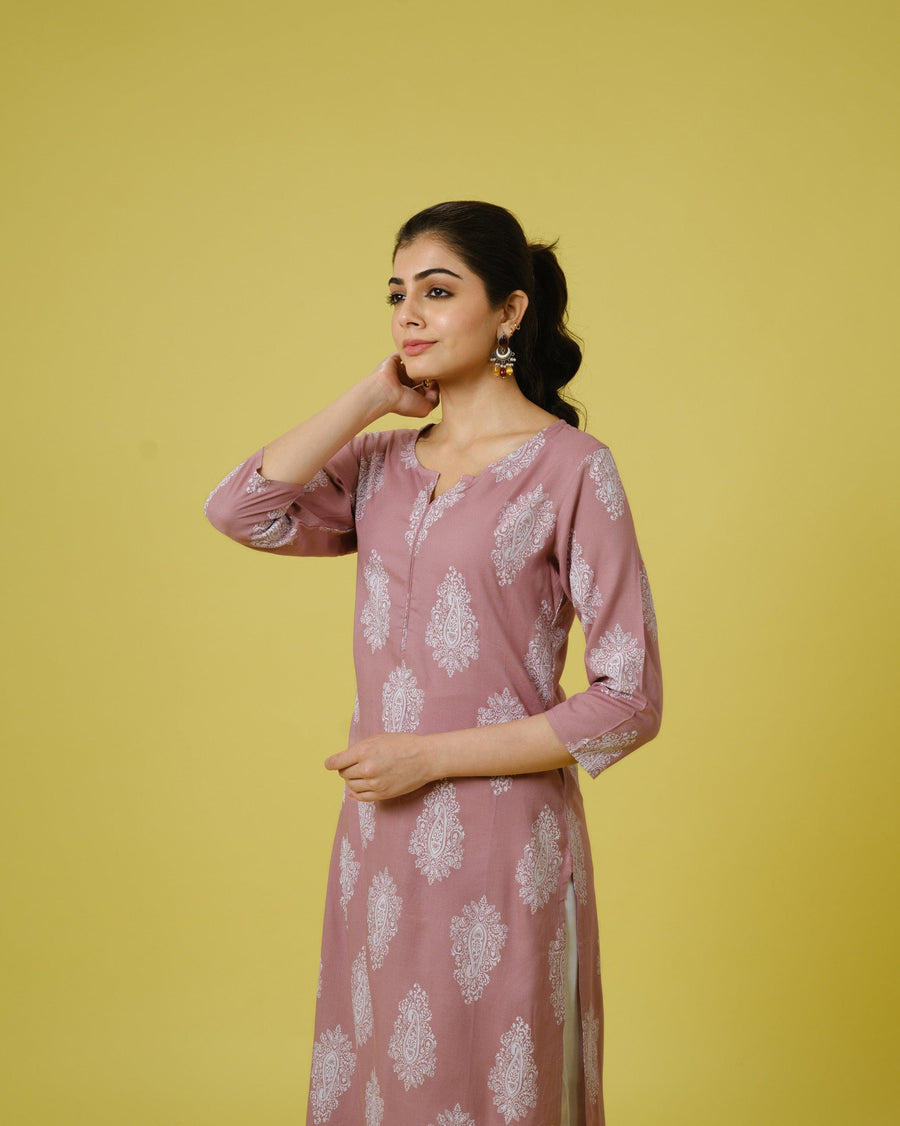 Lavender 3/4th Sleeves Cotton Cambric Traditional Motifs Calf Length Kurta Set - With Dupatta