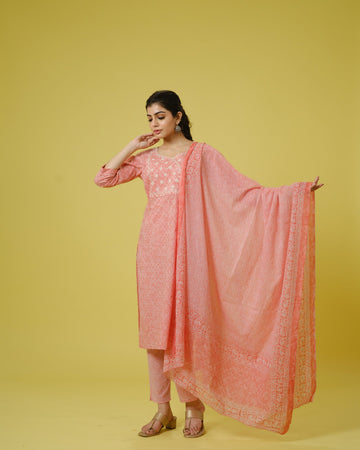 Peach 3/4th Sleeves Cotton Traditional Motifs, Thread Work, Sequin Work Calf Length Kurta Set - With Dupatta