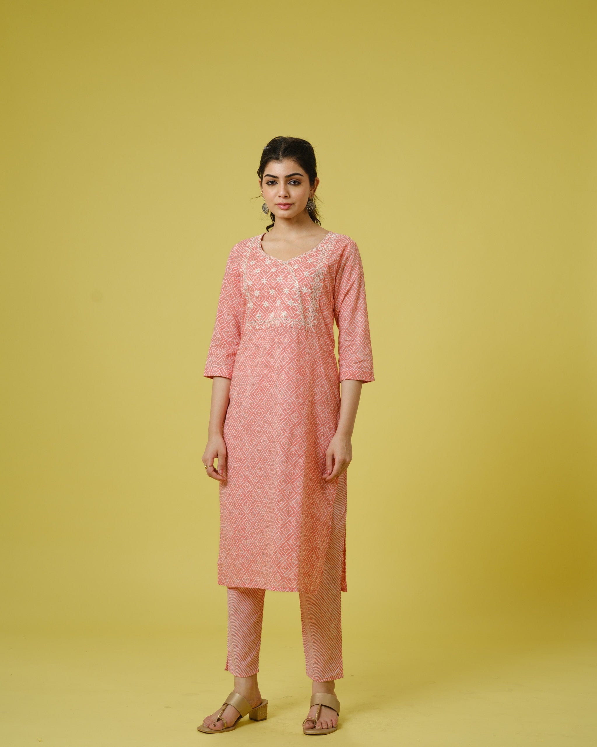 Peach 3/4th Sleeves Cotton Traditional Motifs, Thread Work, Sequin Work Calf Length Kurta Set - With Dupatta