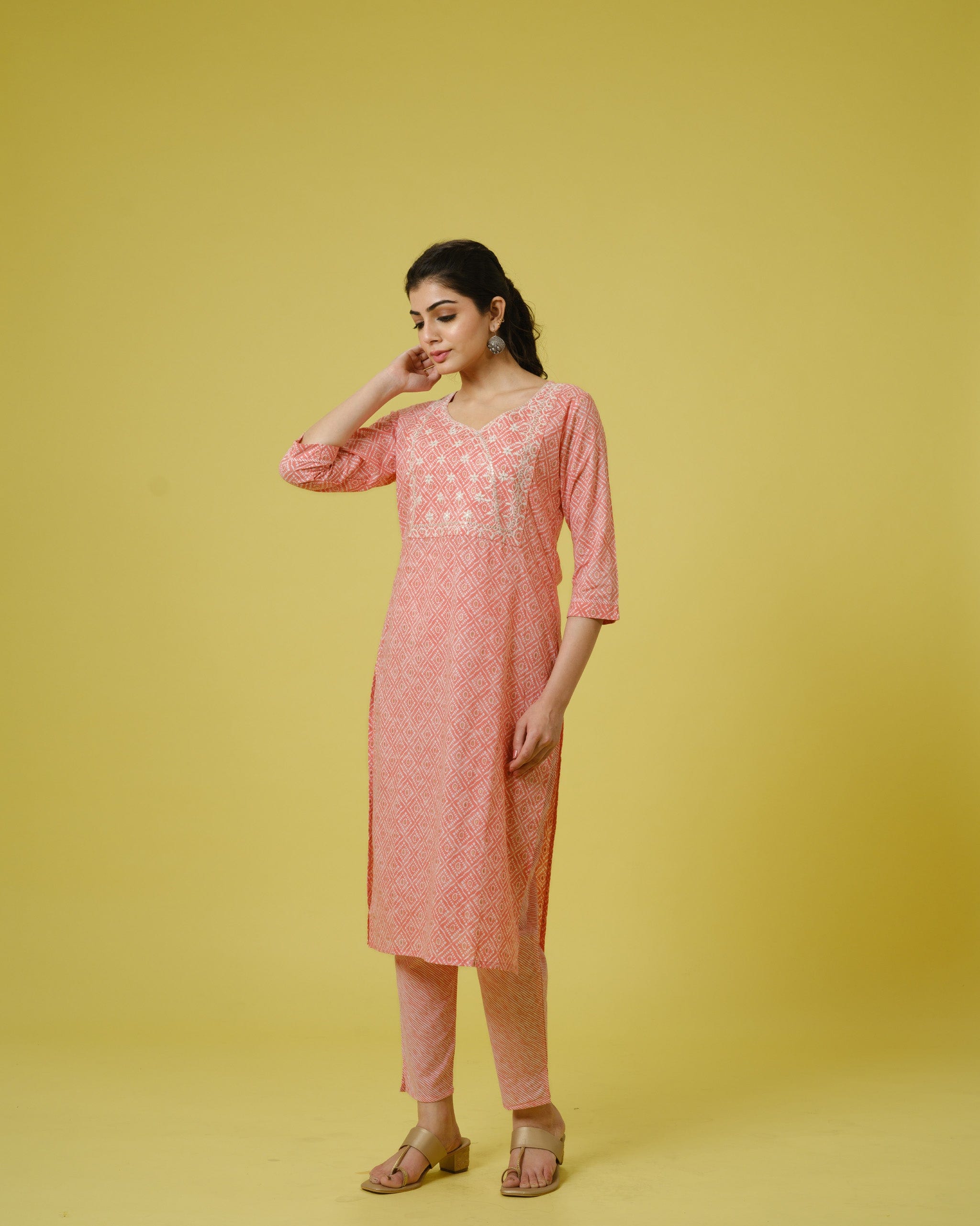 Peach 3/4th Sleeves Cotton Traditional Motifs, Thread Work, Sequin Work Calf Length Kurta Set - With Dupatta