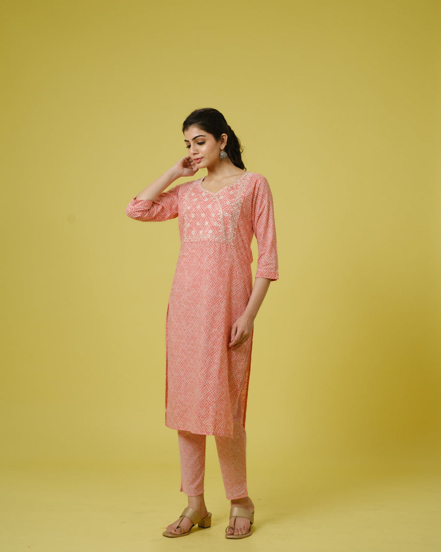 Peach 3/4th Sleeves Cotton Traditional Motifs, Thread Work, Sequin Work Calf Length Kurta Set - With Dupatta