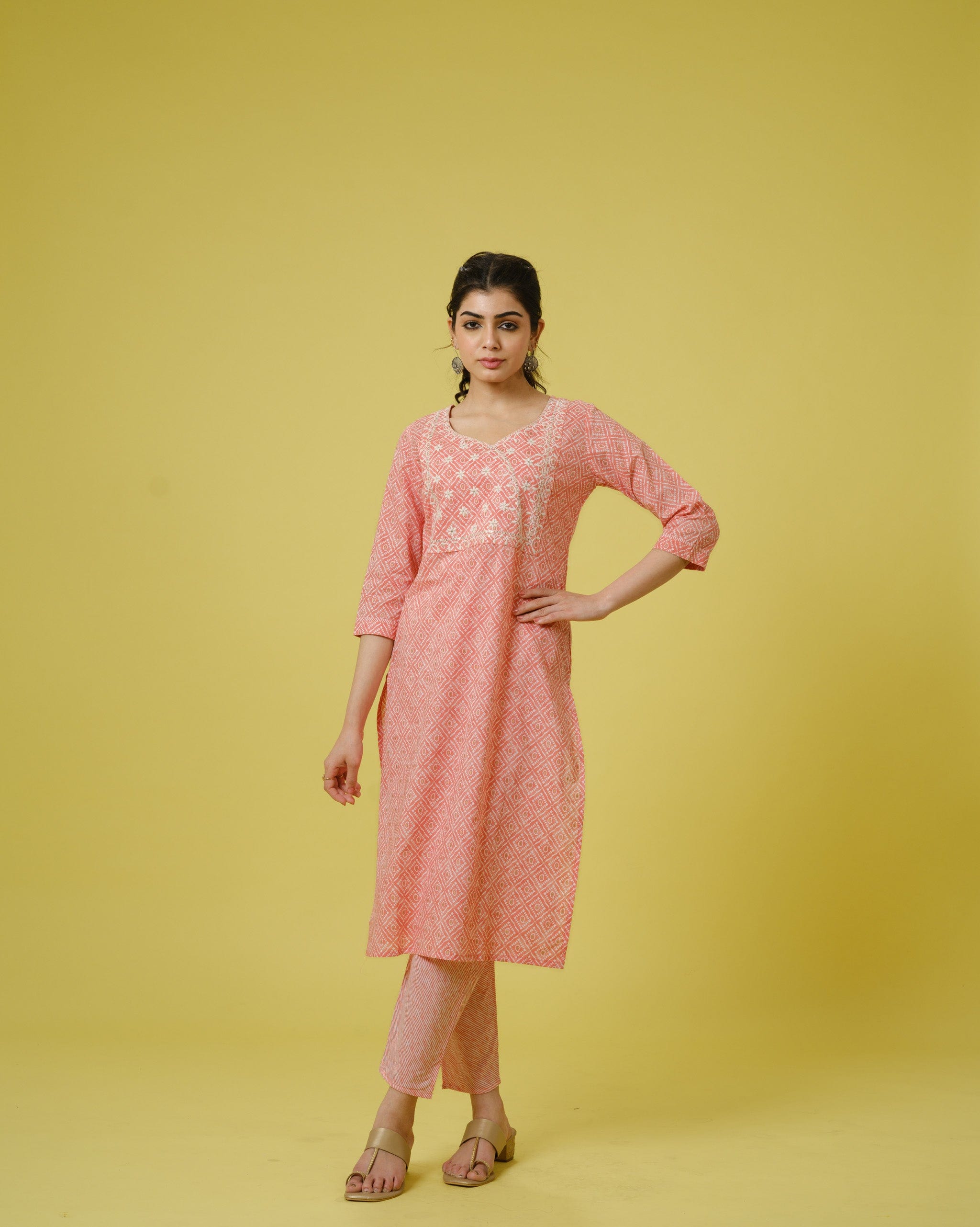 Peach 3/4th Sleeves Cotton Traditional Motifs, Thread Work, Sequin Work Calf Length Kurta Set - With Dupatta