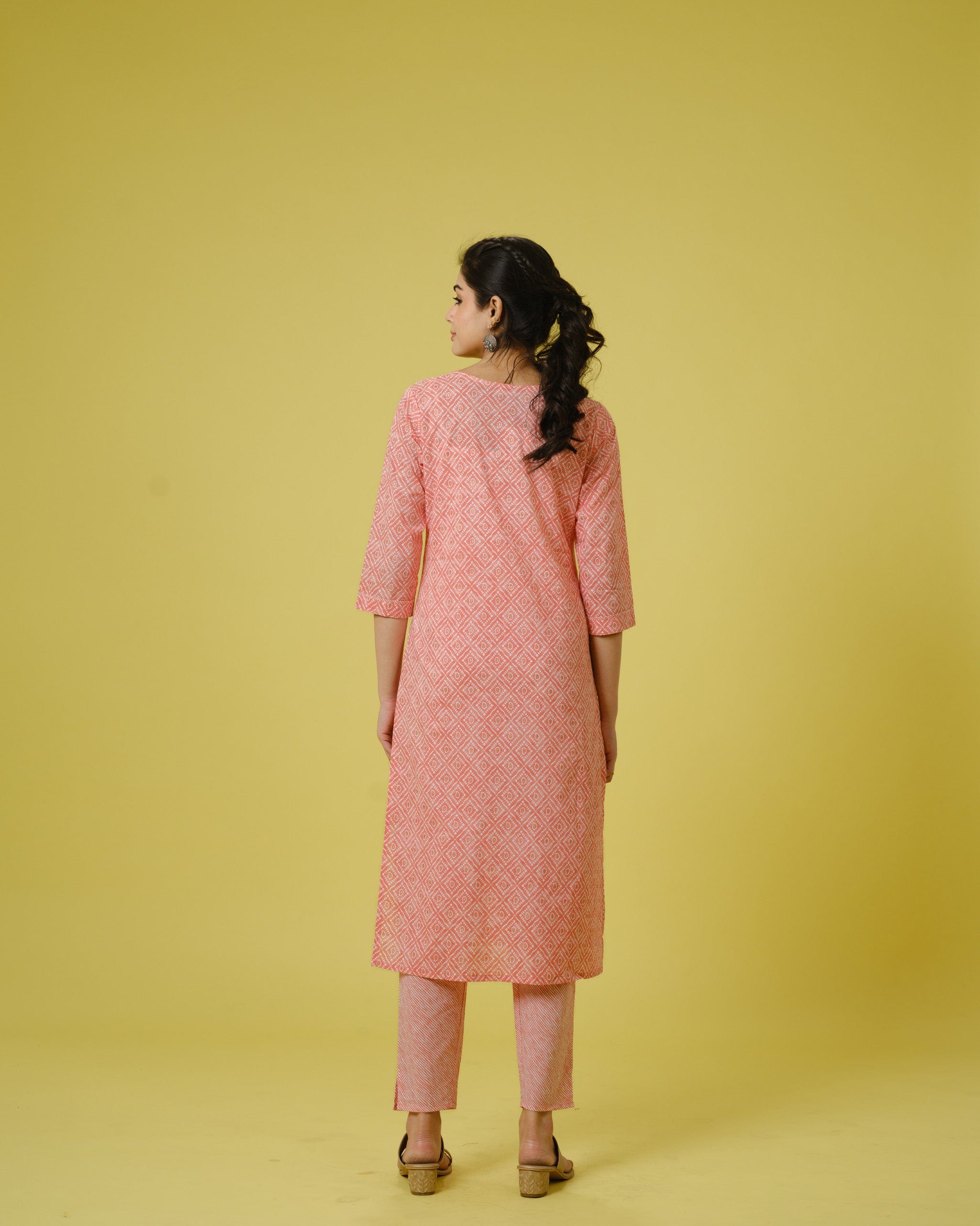 Peach 3/4th Sleeves Cotton Traditional Motifs, Thread Work, Sequin Work Calf Length Kurta Set - With Dupatta