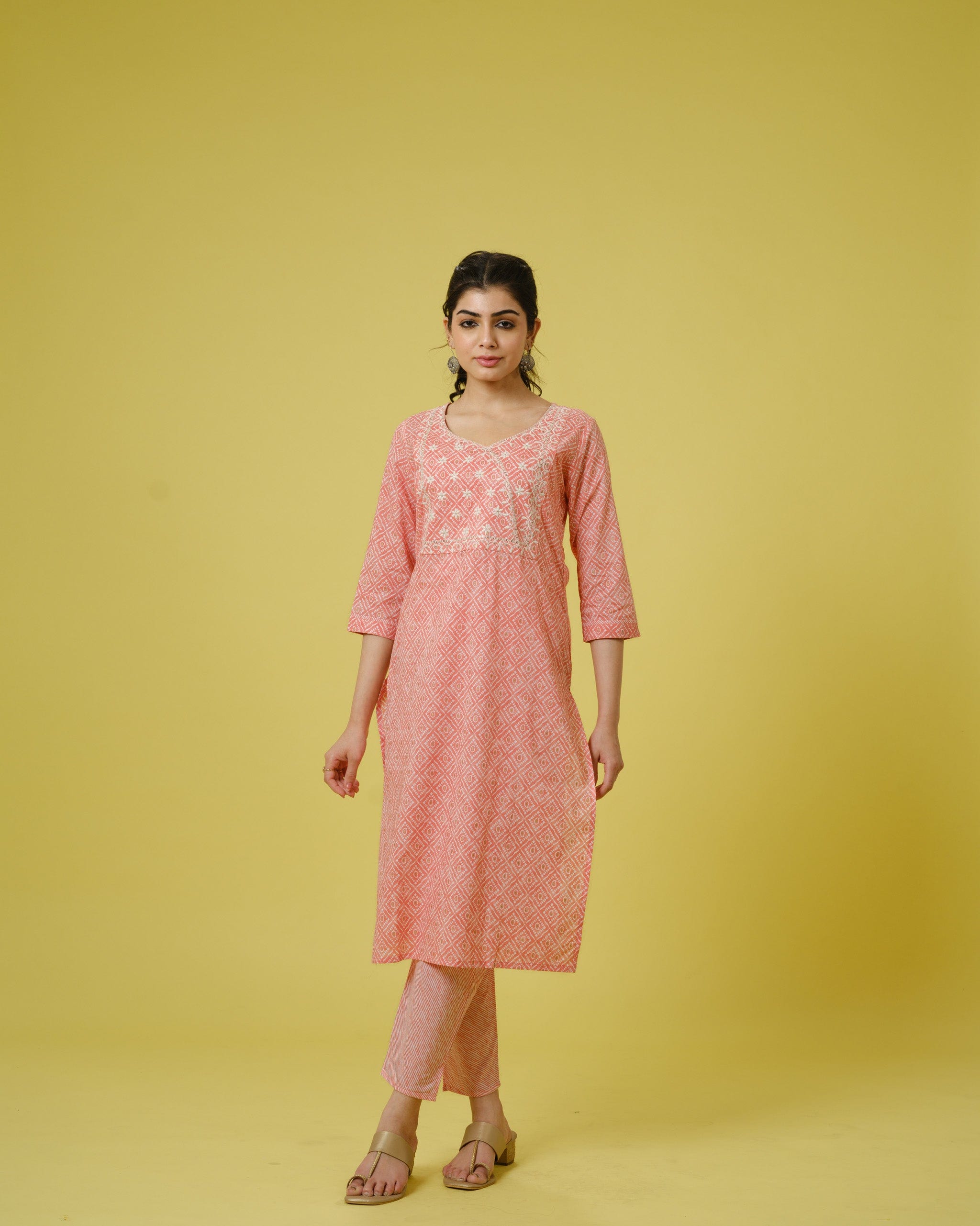 Peach 3/4th Sleeves Cotton Traditional Motifs, Thread Work, Sequin Work Calf Length Kurta Set - With Dupatta