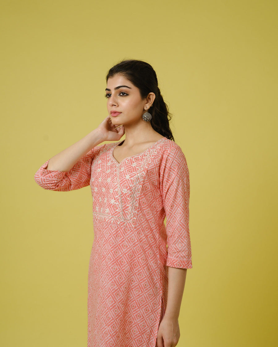 Peach 3/4th Sleeves Cotton Traditional Motifs, Thread Work, Sequin Work Calf Length Kurta Set - With Dupatta