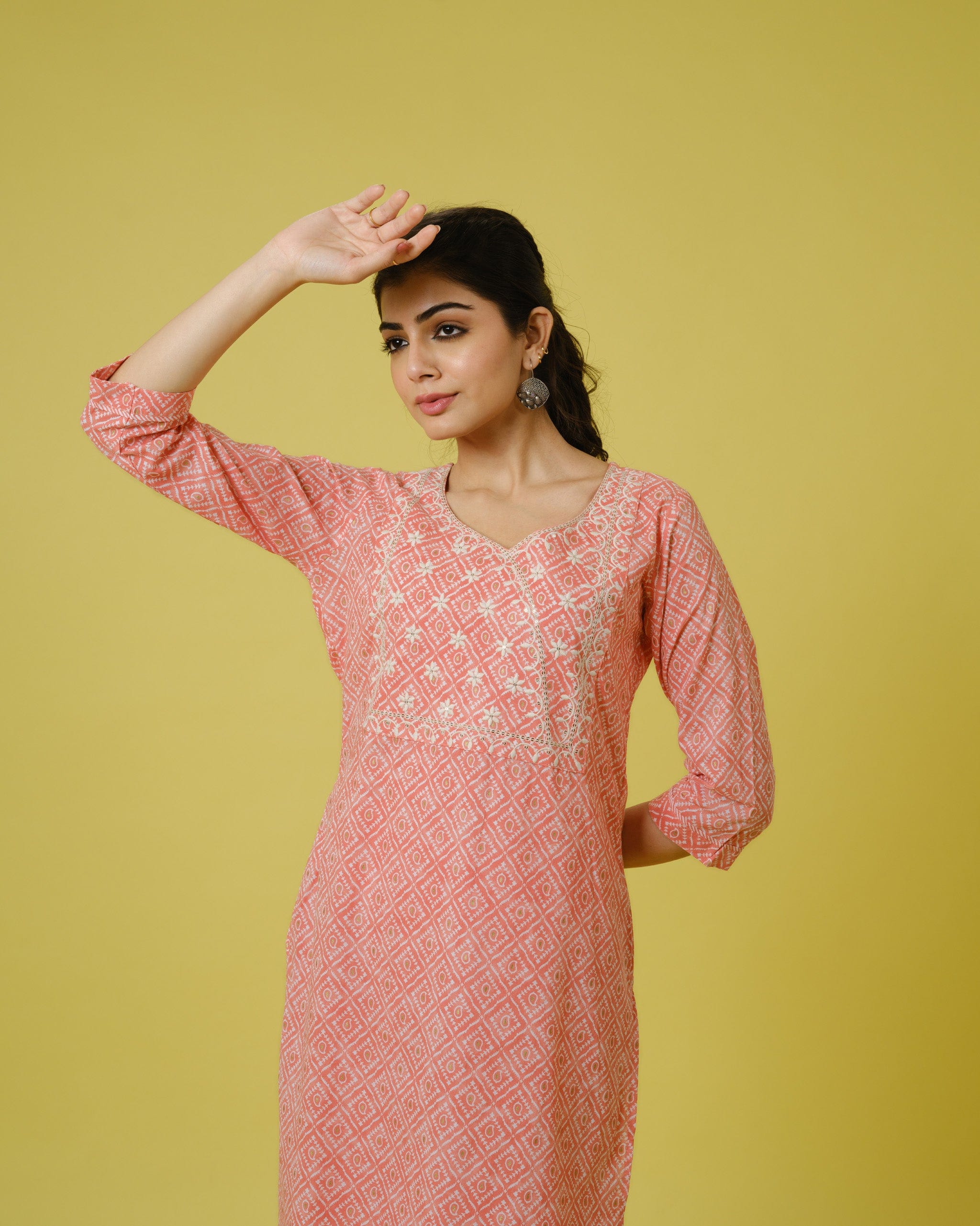 Peach 3/4th Sleeves Cotton Traditional Motifs, Thread Work, Sequin Work Calf Length Kurta Set - With Dupatta