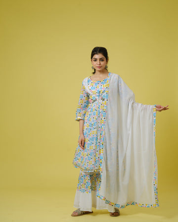 Multi Colour 3/4th Sleeves Cotton Polka Dots Knee Length Kurta Set - With Dupatta