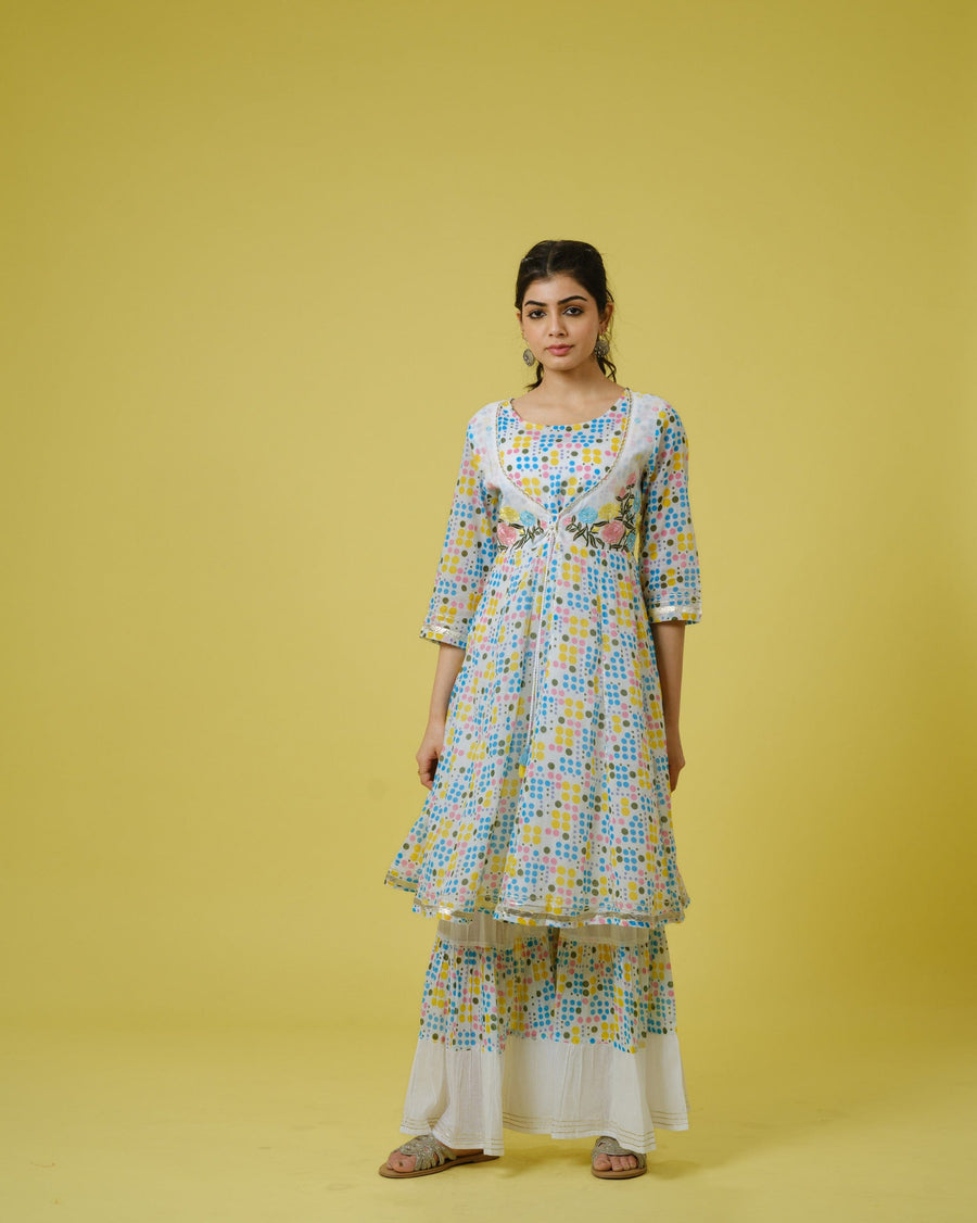 Multi Colour 3/4th Sleeves Cotton Polka Dots Knee Length Kurta Set - With Dupatta