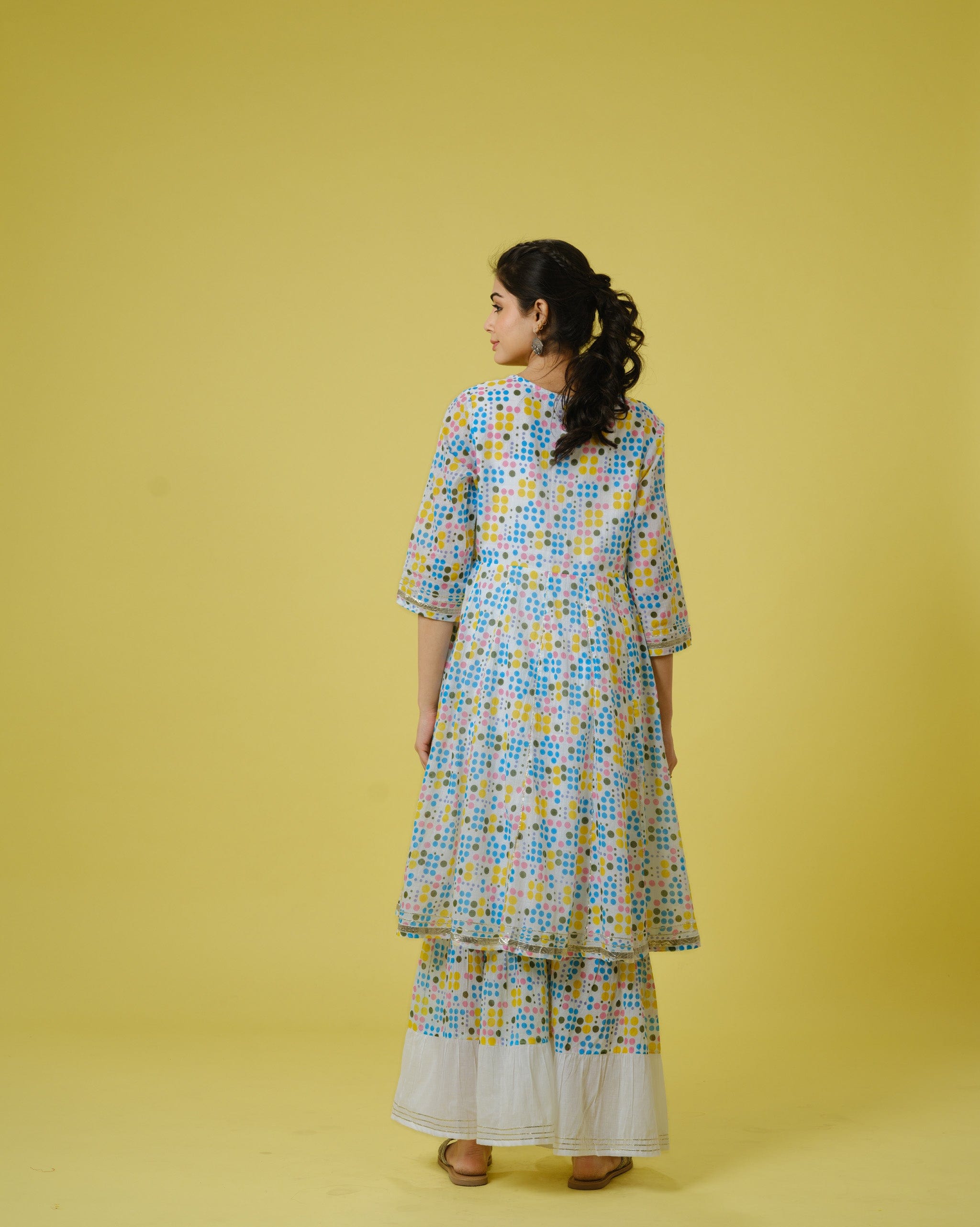 Multi Colour 3/4th Sleeves Cotton Polka Dots Knee Length Kurta Set - With Dupatta