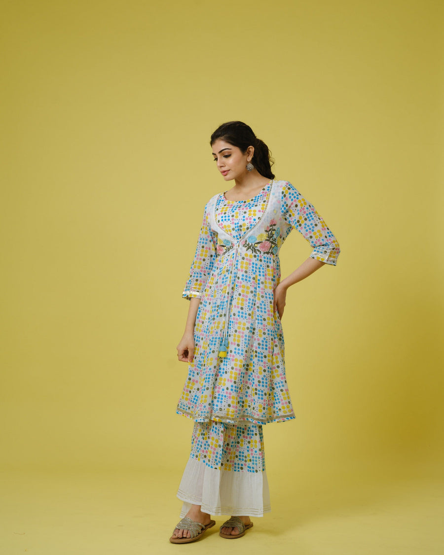 Multi Colour 3/4th Sleeves Cotton Polka Dots Knee Length Kurta Set - With Dupatta