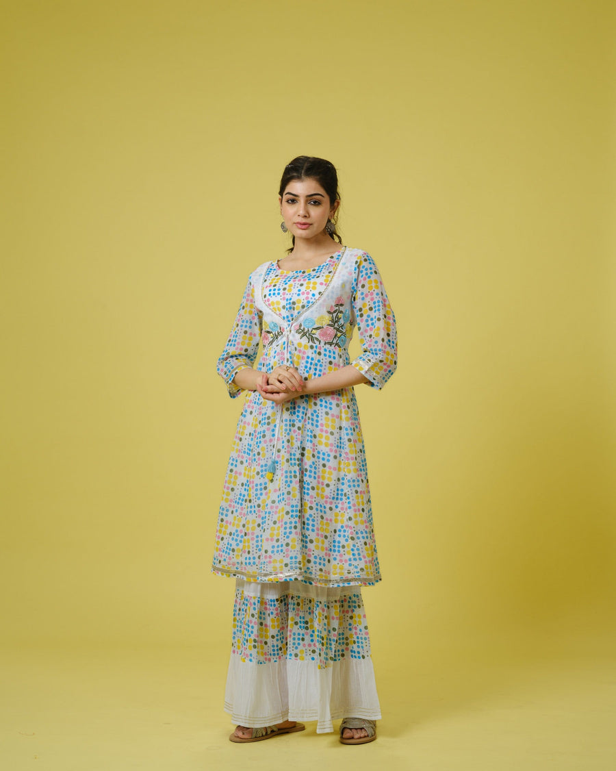 Multi Colour 3/4th Sleeves Cotton Polka Dots Knee Length Kurta Set - With Dupatta