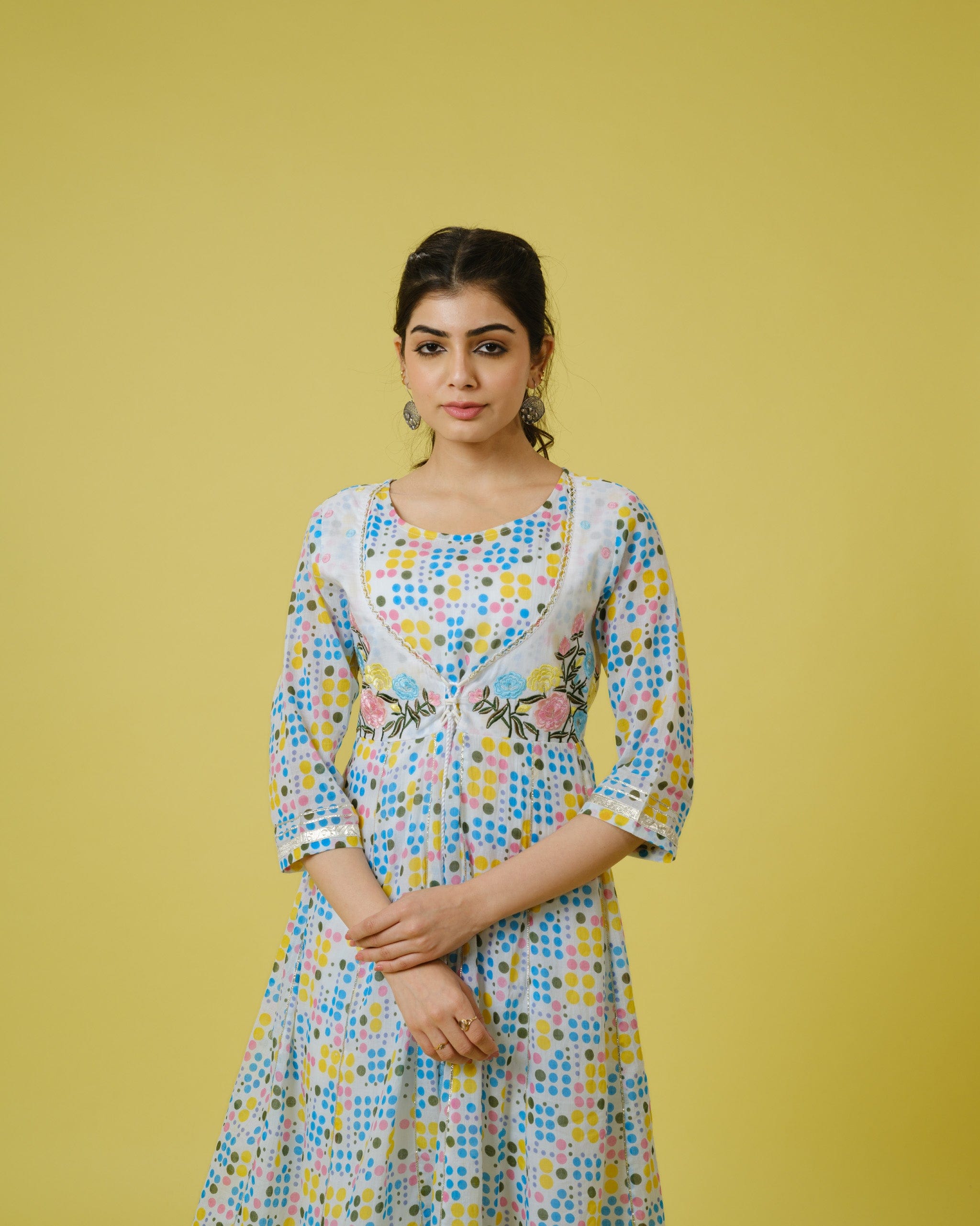 Multi Colour 3/4th Sleeves Cotton Polka Dots Knee Length Kurta Set - With Dupatta