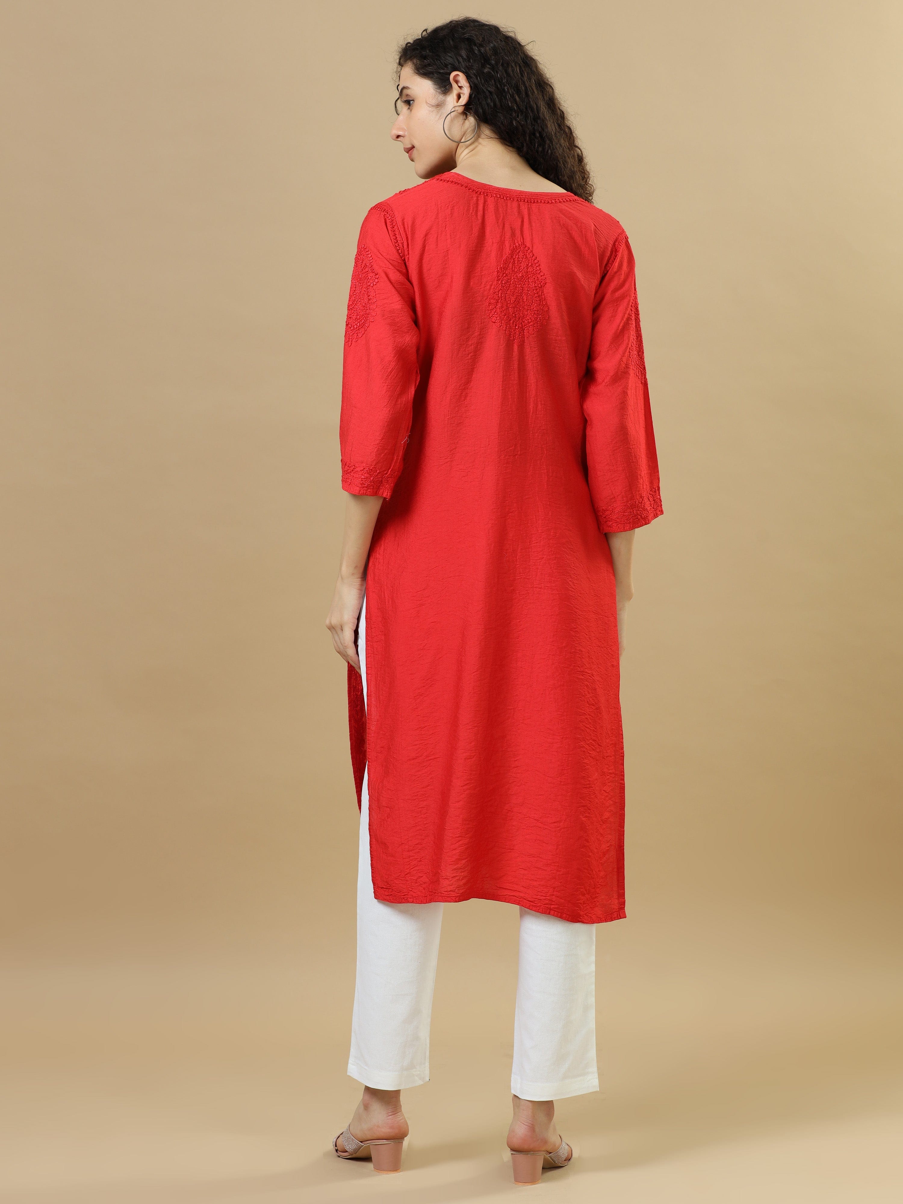 Red Full Sleeves Chanderi Chikankari Regular Fit Calf Length Kurta