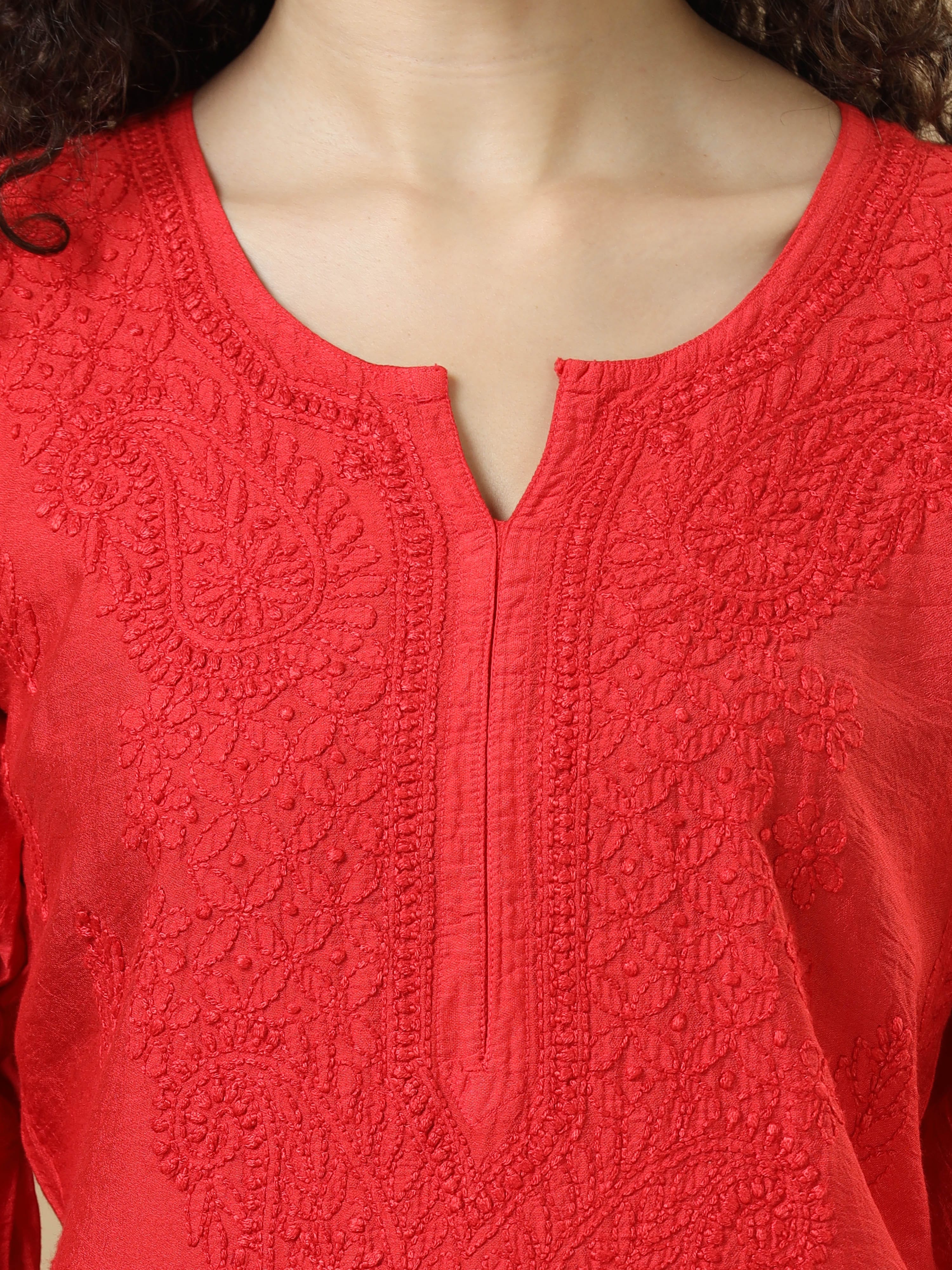 Red Full Sleeves Chanderi Chikankari Regular Fit Calf Length Kurta