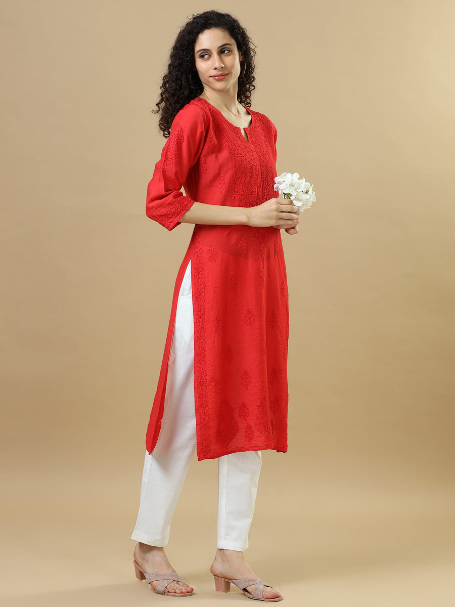 Red Full Sleeves Chanderi Chikankari Regular Fit Calf Length Kurta