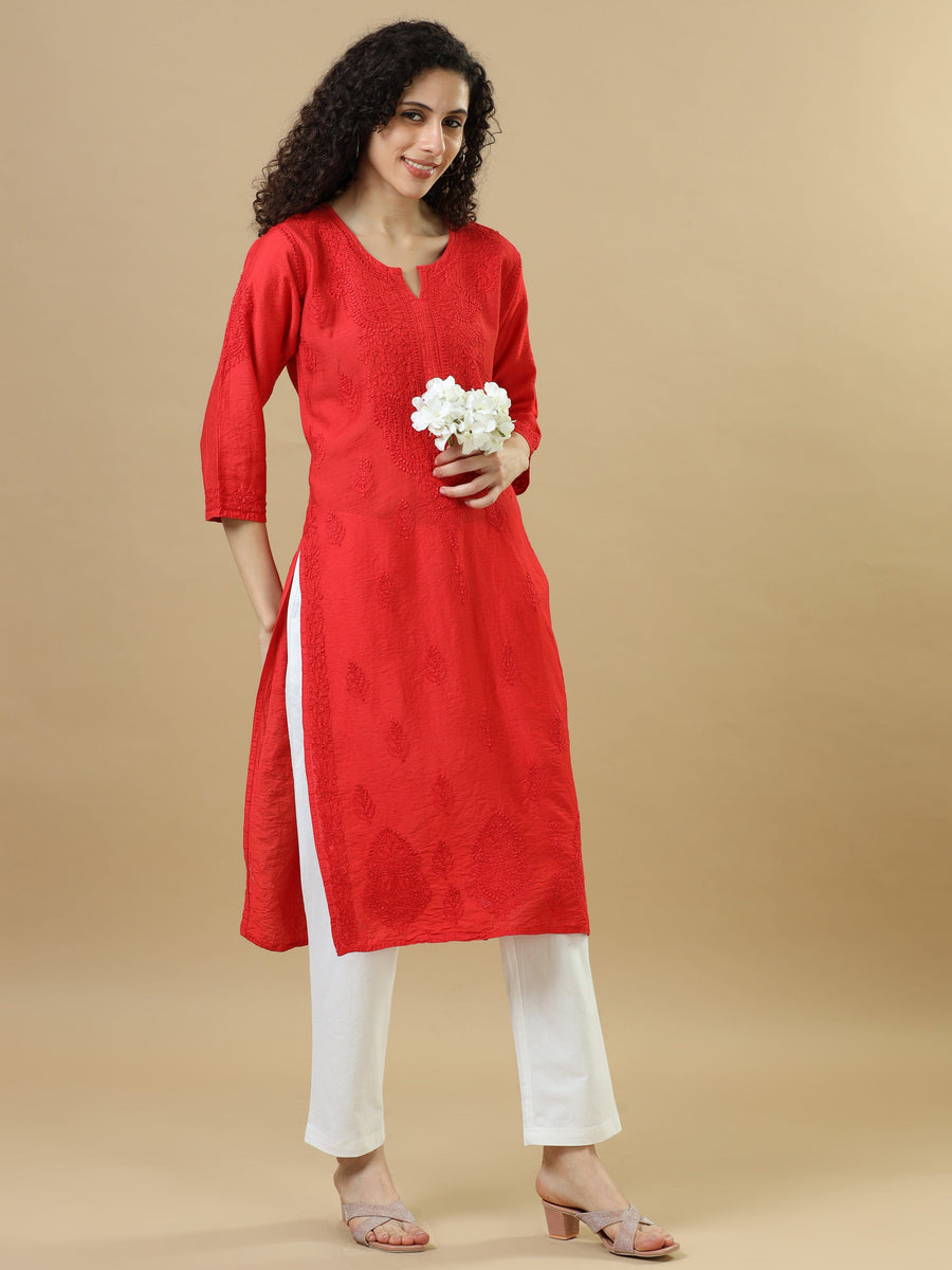 Red Full Sleeves Chanderi Chikankari Regular Fit Calf Length Kurta