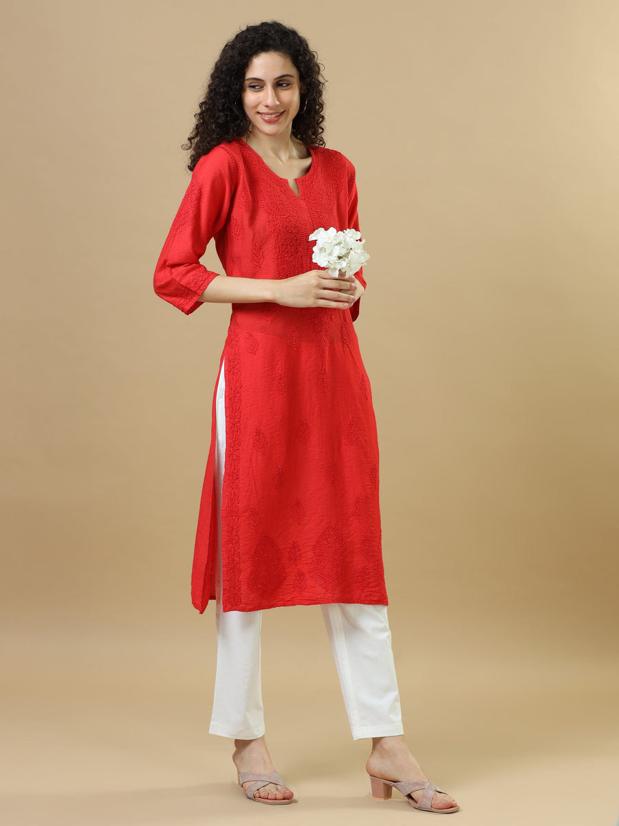 Red Full Sleeves Chanderi Chikankari Regular Fit Calf Length Kurta