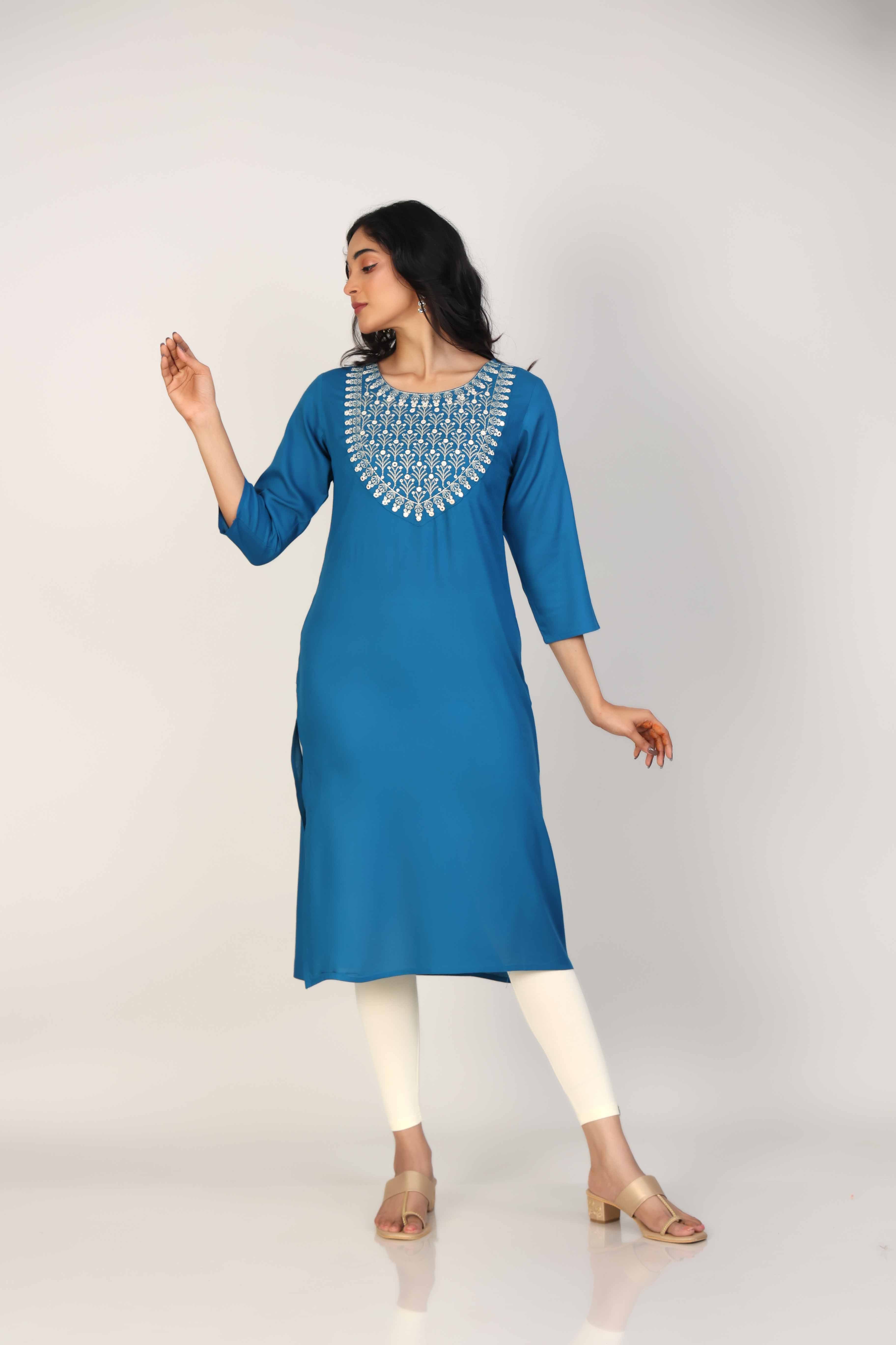 Cobalt Blue 3/4th Sleeves Rayon Thread work and mirror work Calf length Kurta