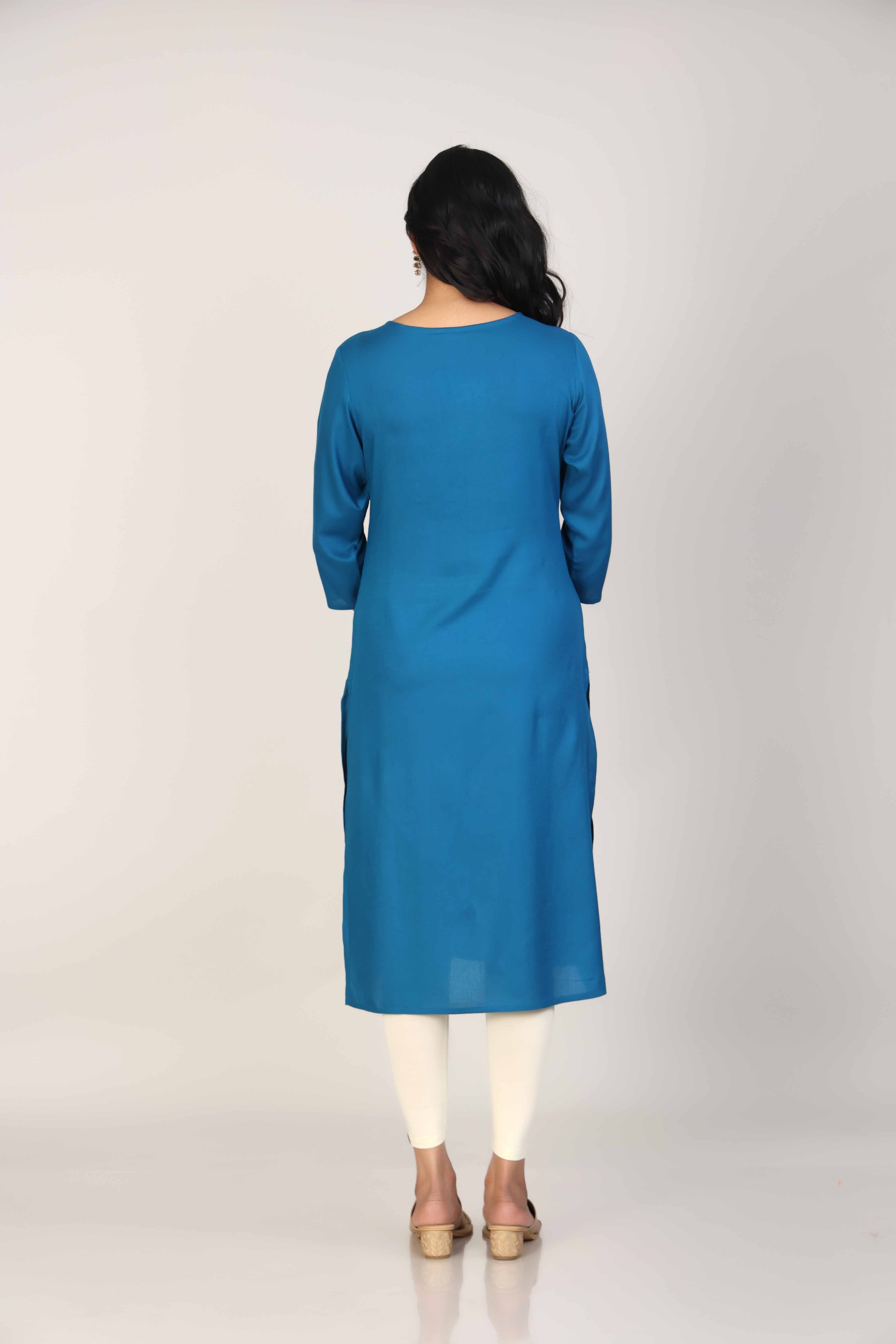 Cobalt Blue 3/4th Sleeves Rayon Thread work and mirror work Calf length Kurta