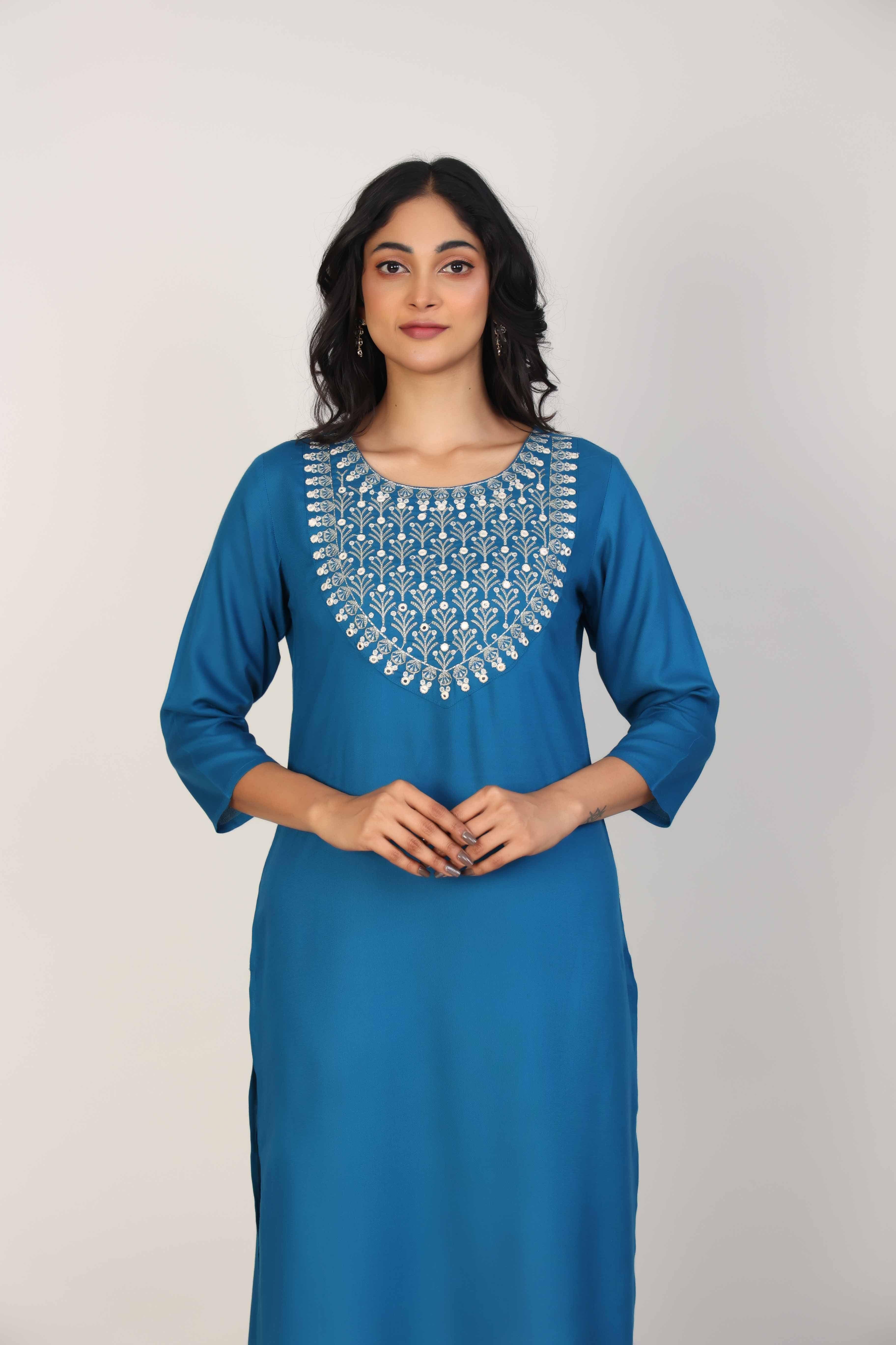 Cobalt Blue 3/4th Sleeves Rayon Thread work and mirror work Calf length Kurta