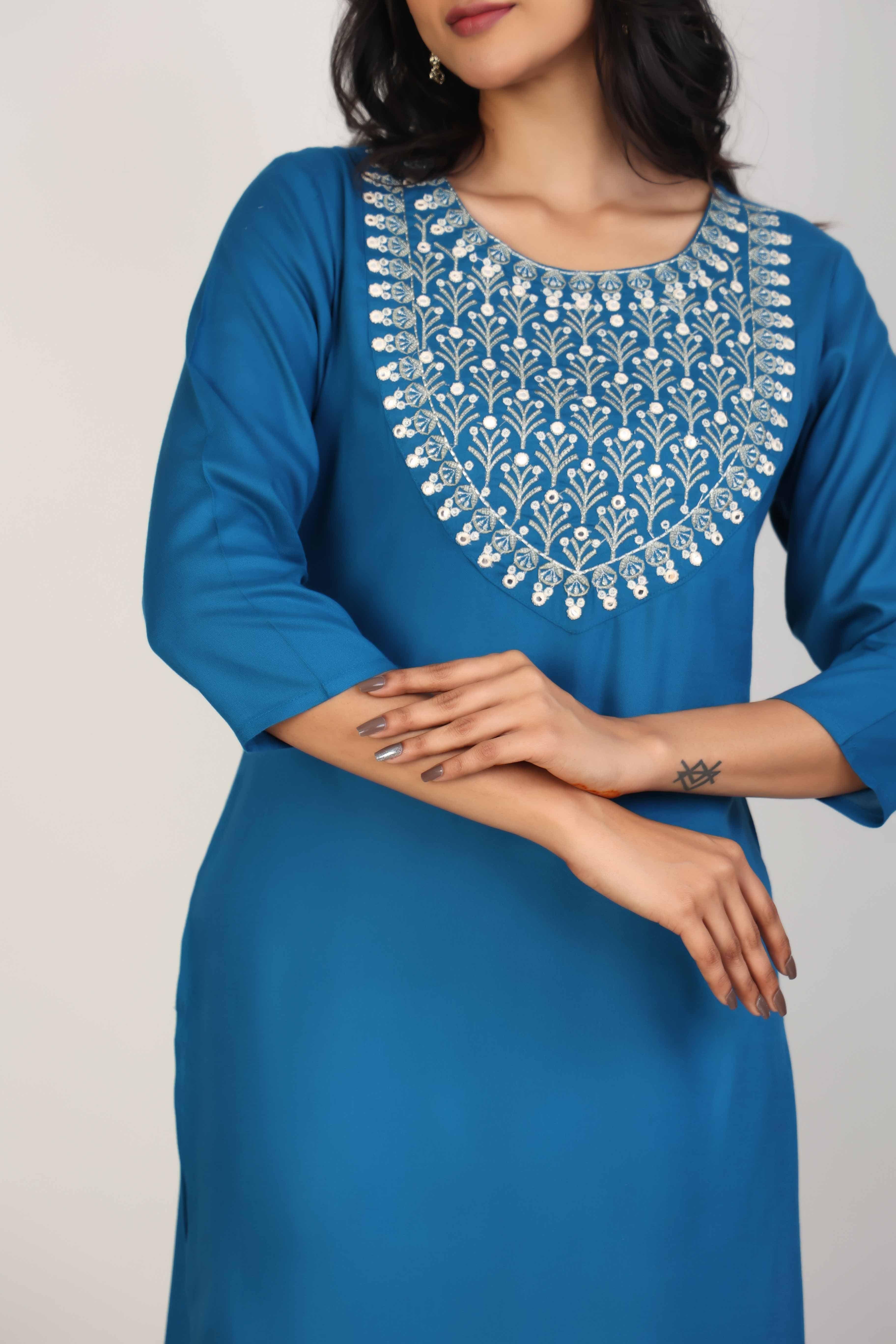 Cobalt Blue 3/4th Sleeves Rayon Thread work and mirror work Calf length Kurta