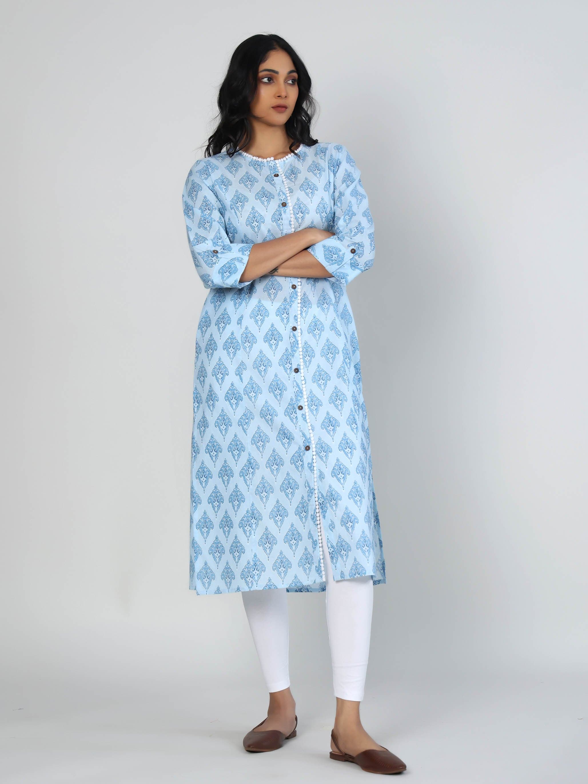 Sky Blue 3/4th Sleeves Cotton Block print Calf length Kurta