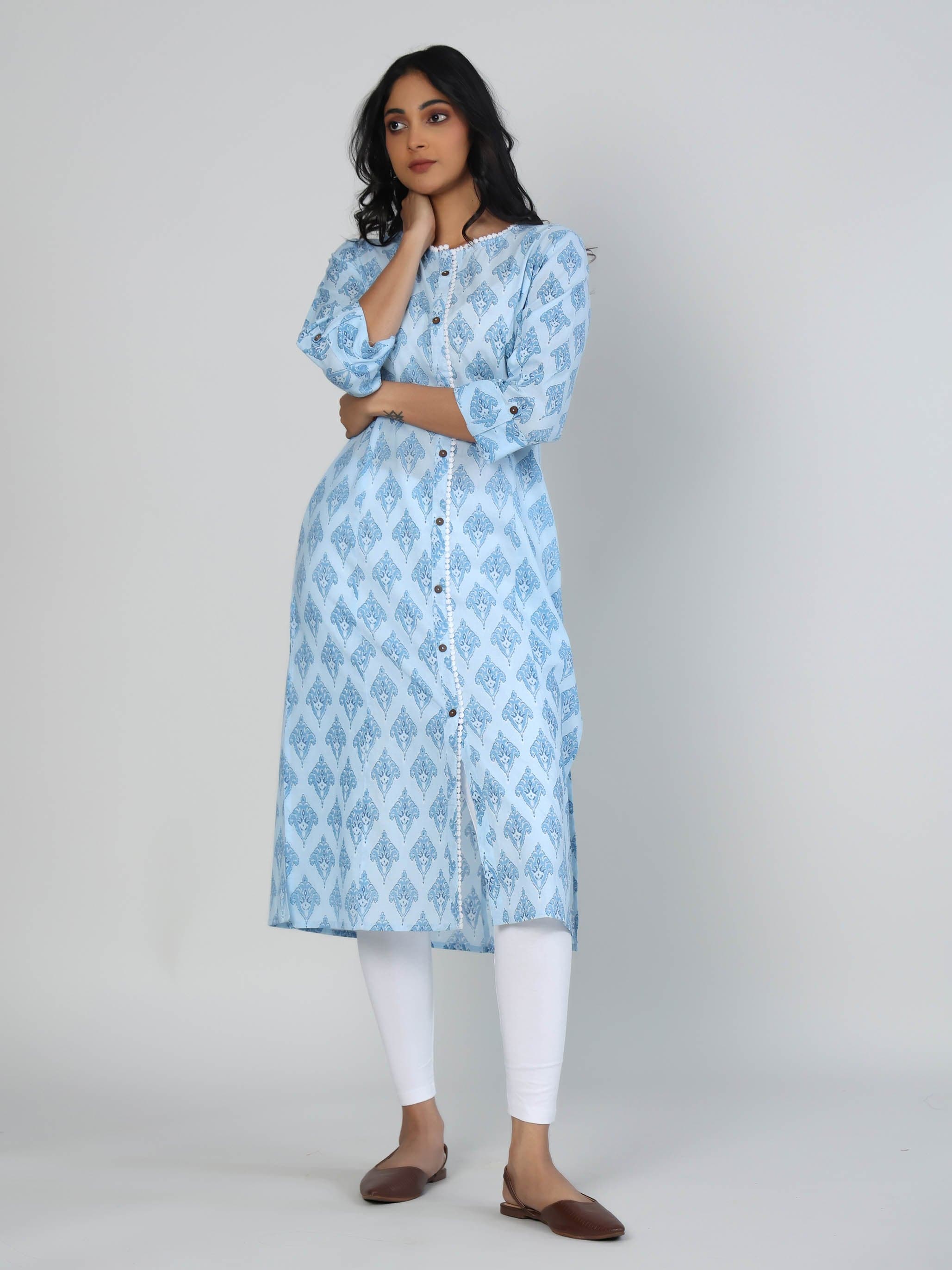 Sky Blue 3/4th Sleeves Cotton Block print Calf length Kurta