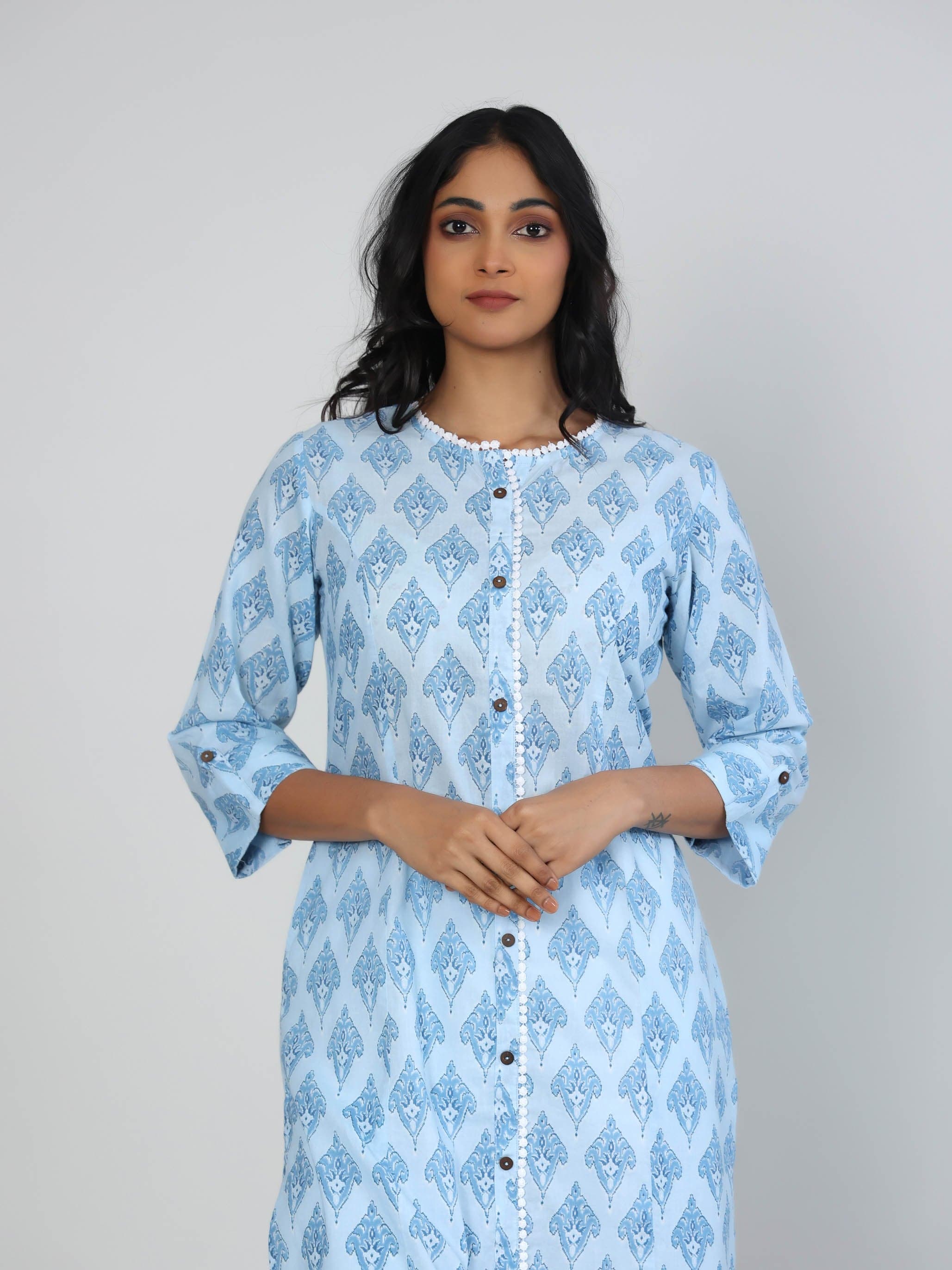 Sky Blue 3/4th Sleeves Cotton Block print Calf length Kurta