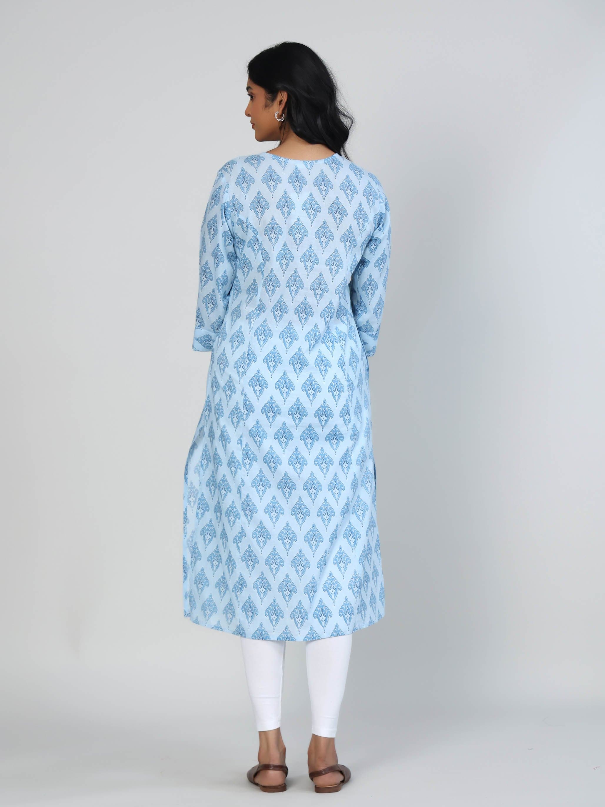 Sky Blue 3/4th Sleeves Cotton Block print Calf length Kurta