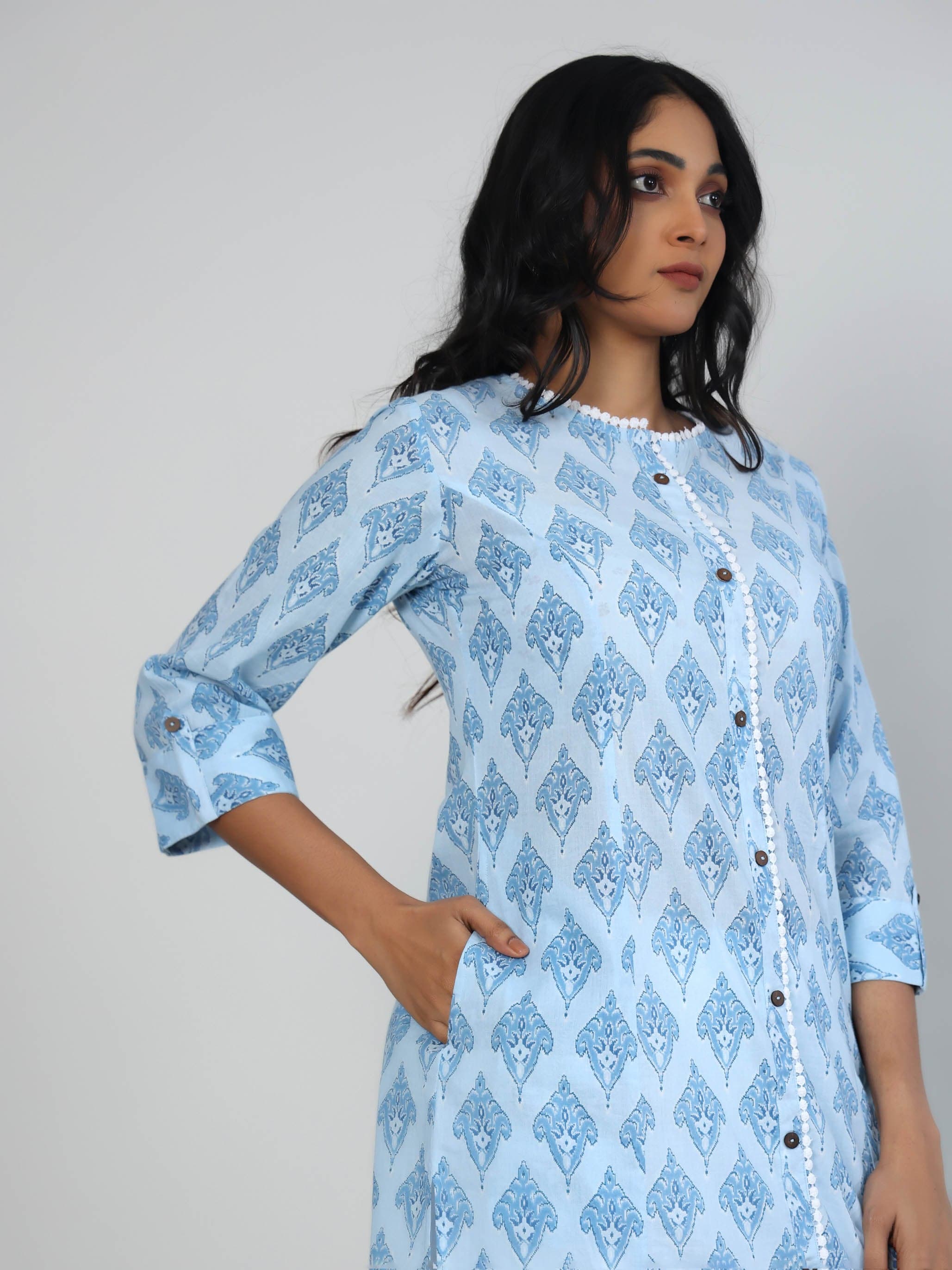 Sky Blue 3/4th Sleeves Cotton Block print Calf length Kurta