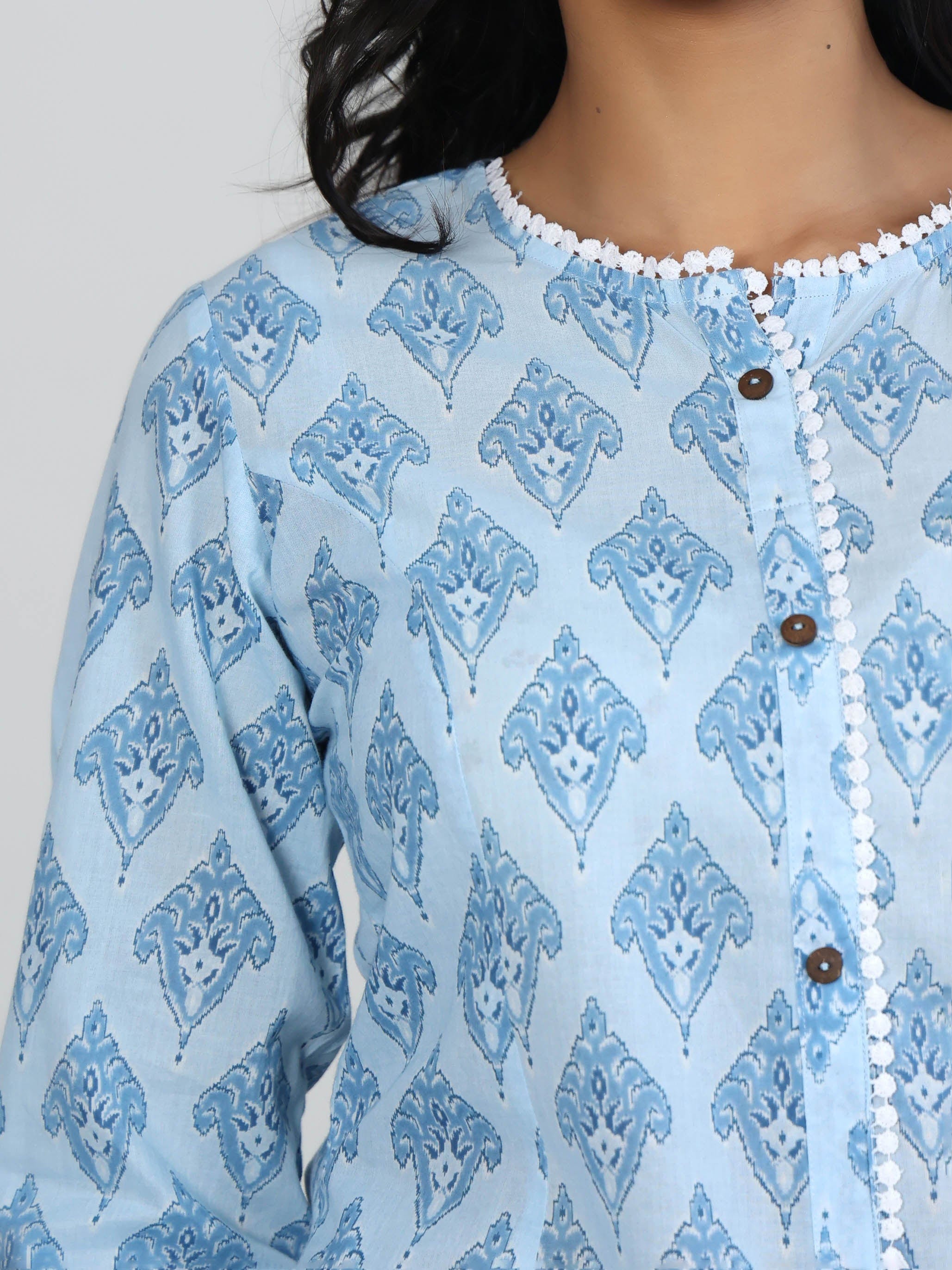 Sky Blue 3/4th Sleeves Cotton Block print Calf length Kurta