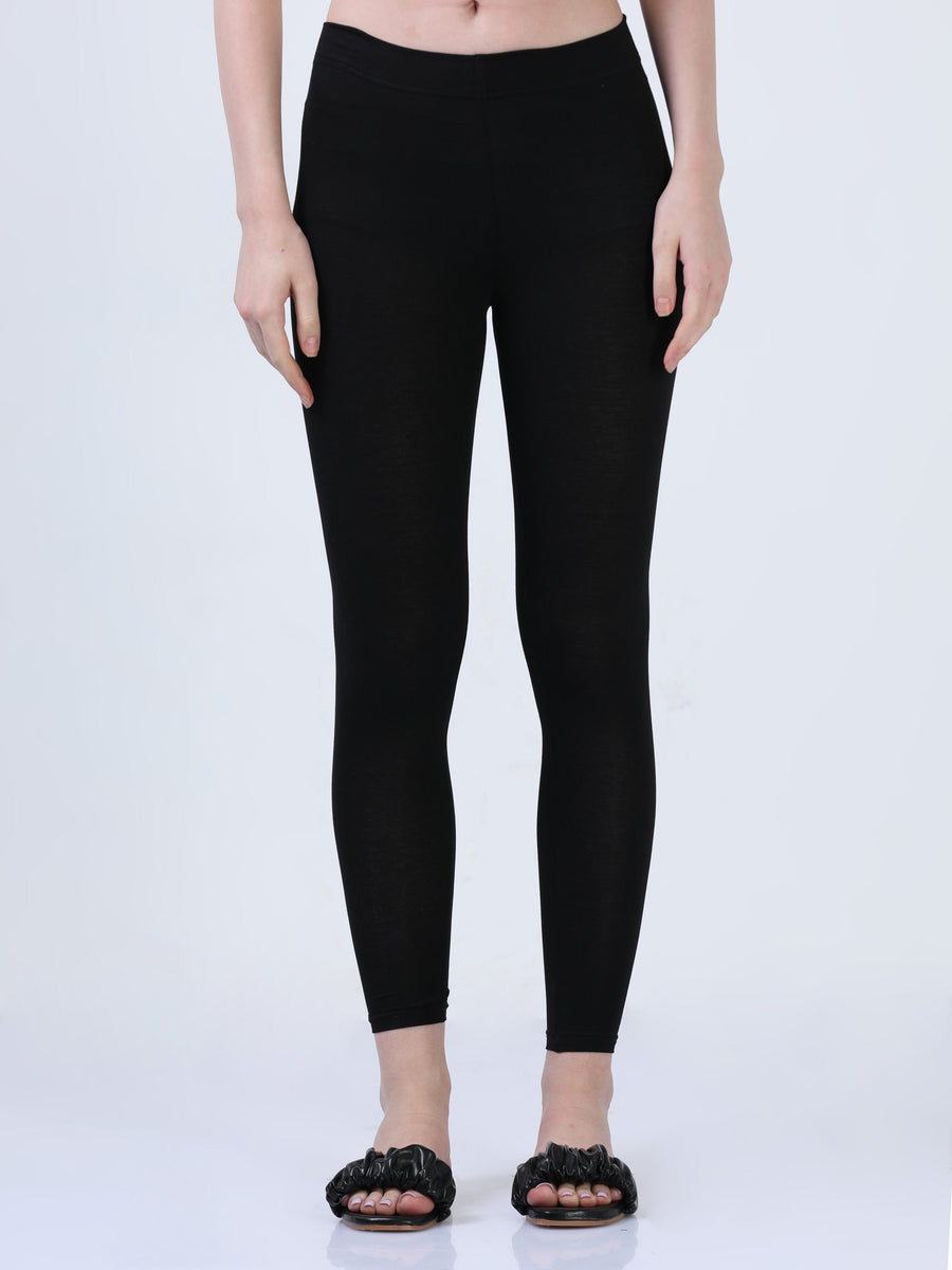 Black Solid Cotton Lycra Ankle Length Leggings