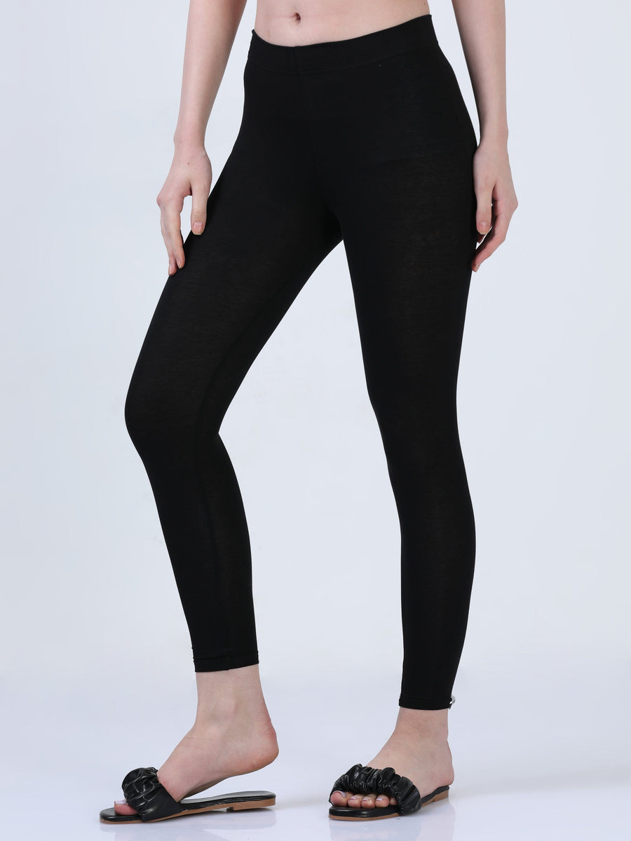 Black Solid Cotton Lycra Ankle Length Leggings