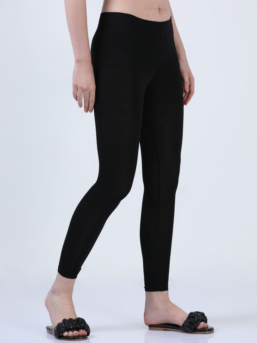 Black Solid Cotton Lycra Ankle Length Leggings