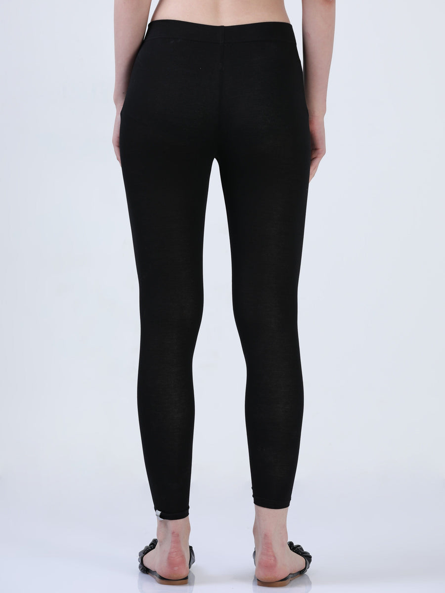 Black Solid Cotton Lycra Ankle Length Leggings