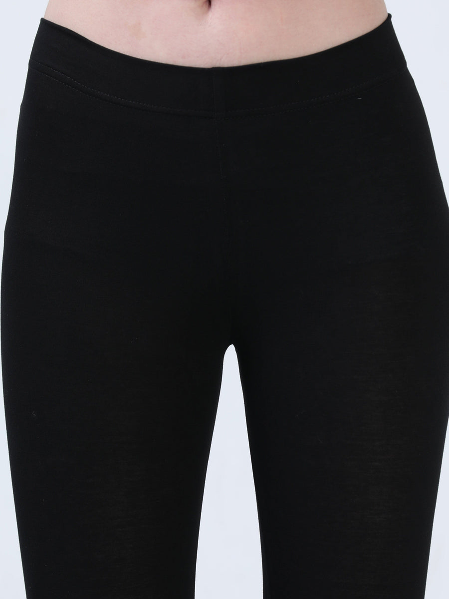 Black Solid Cotton Lycra Ankle Length Leggings